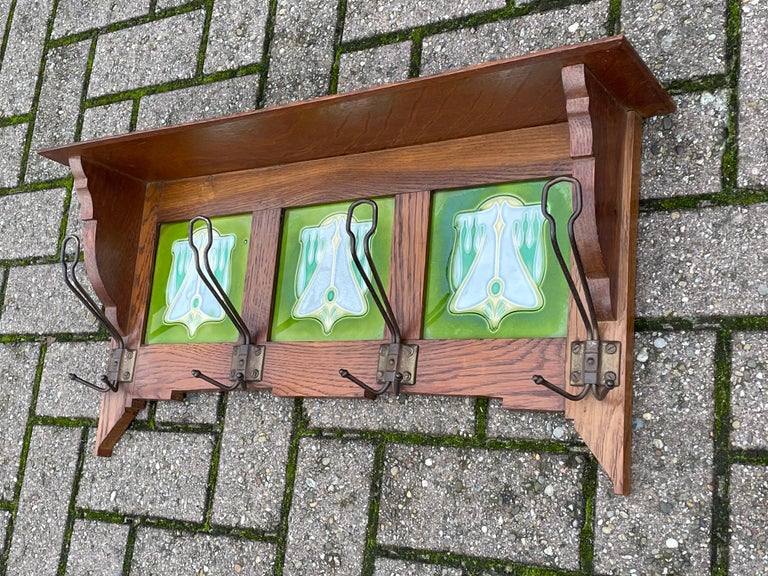 Early 1900s Arts and Crafts Oak Wall Coat Rack w. Stunning Majolica Glazed Tiles For Sale 3