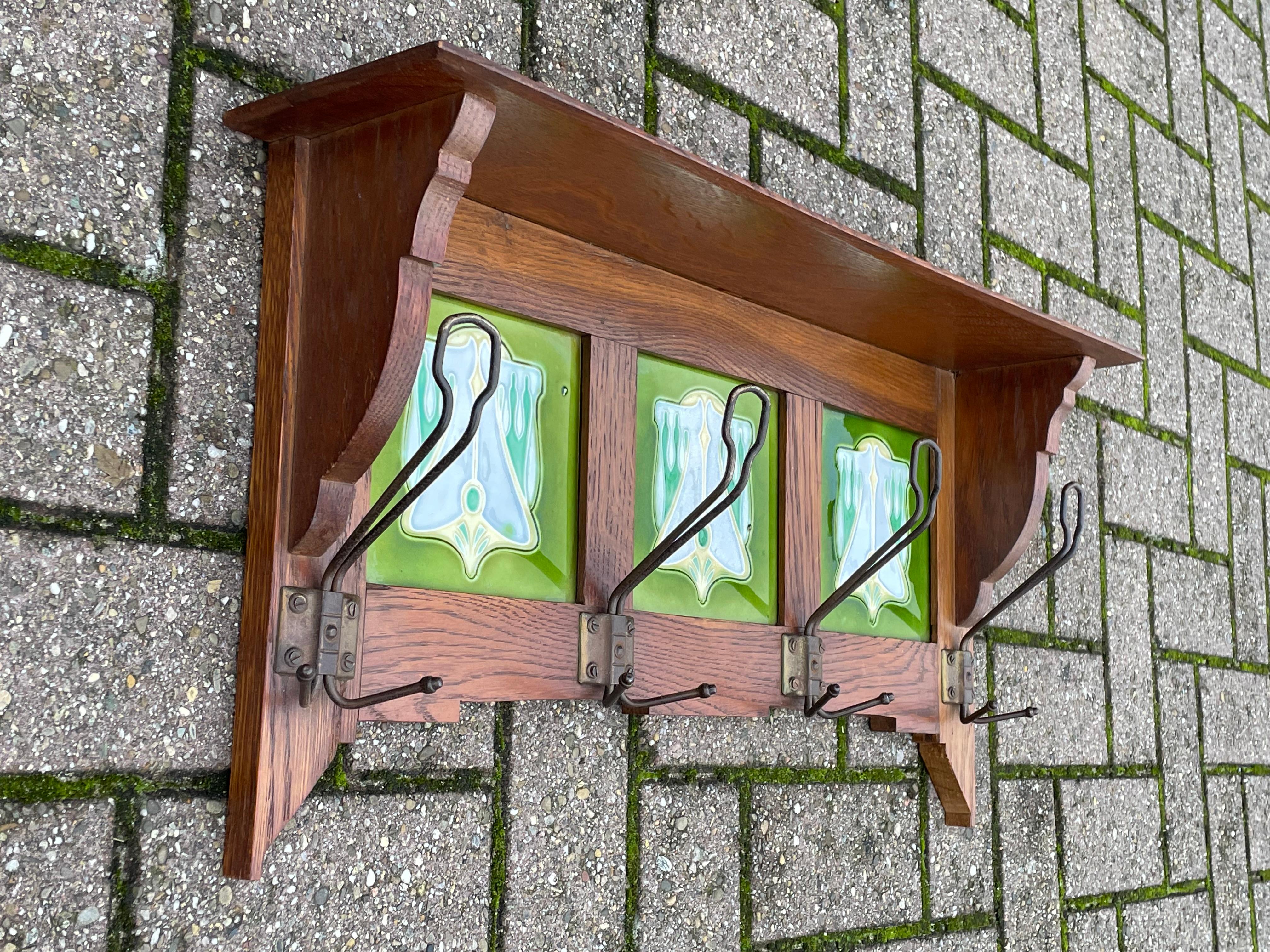 Metal Early 1900s Arts and Crafts Oak Wall Coat Rack w. Stunning Majolica Glazed Tiles For Sale