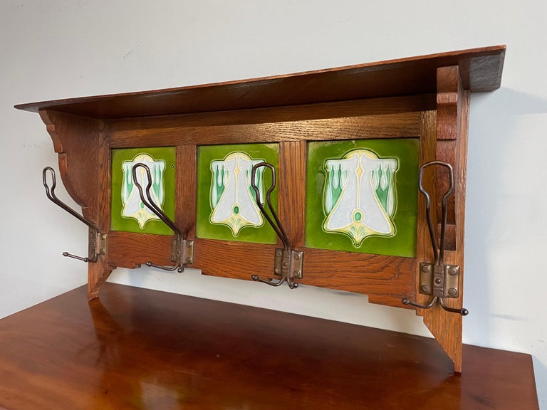 Early 1900s Arts and Crafts Oak Wall Coat Rack w. Stunning Majolica Glazed Tiles For Sale 2