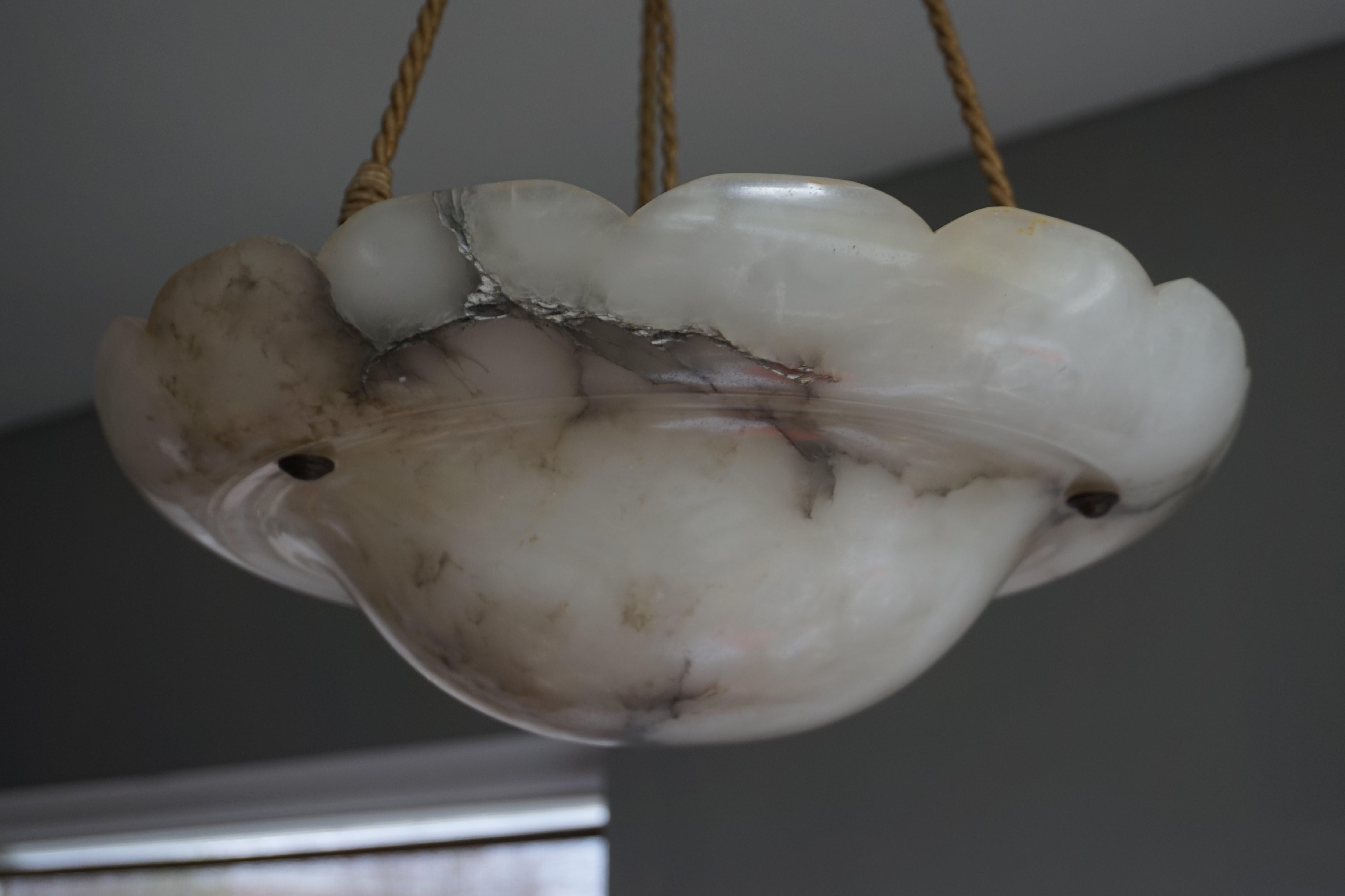 Hand-Crafted Early 1900s Arts & Crafts Pendant with Original Rope & Striking Alabaster Shade