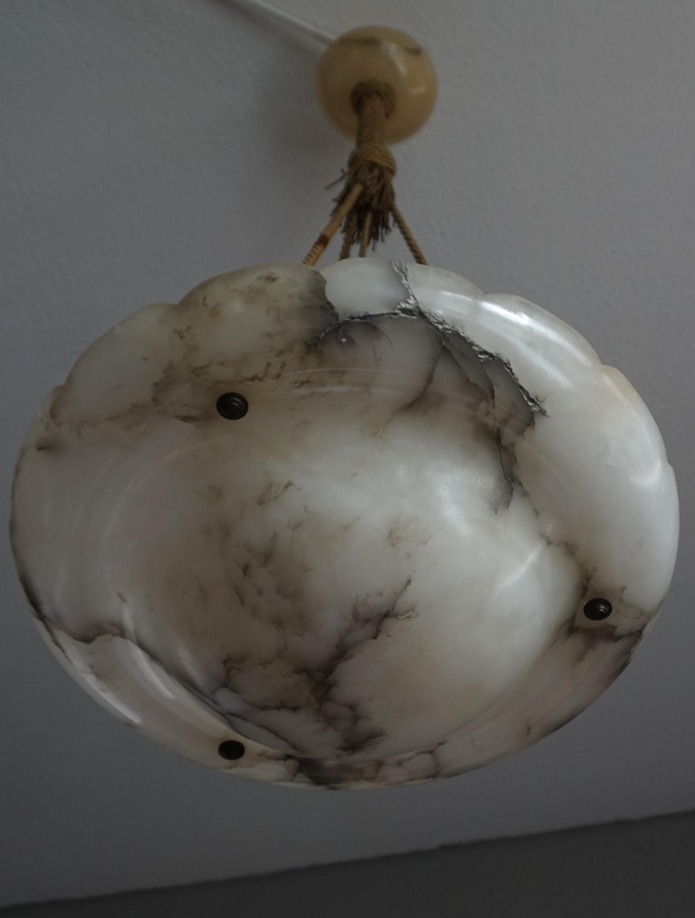 20th Century Early 1900s Arts & Crafts Pendant with Original Rope & Striking Alabaster Shade
