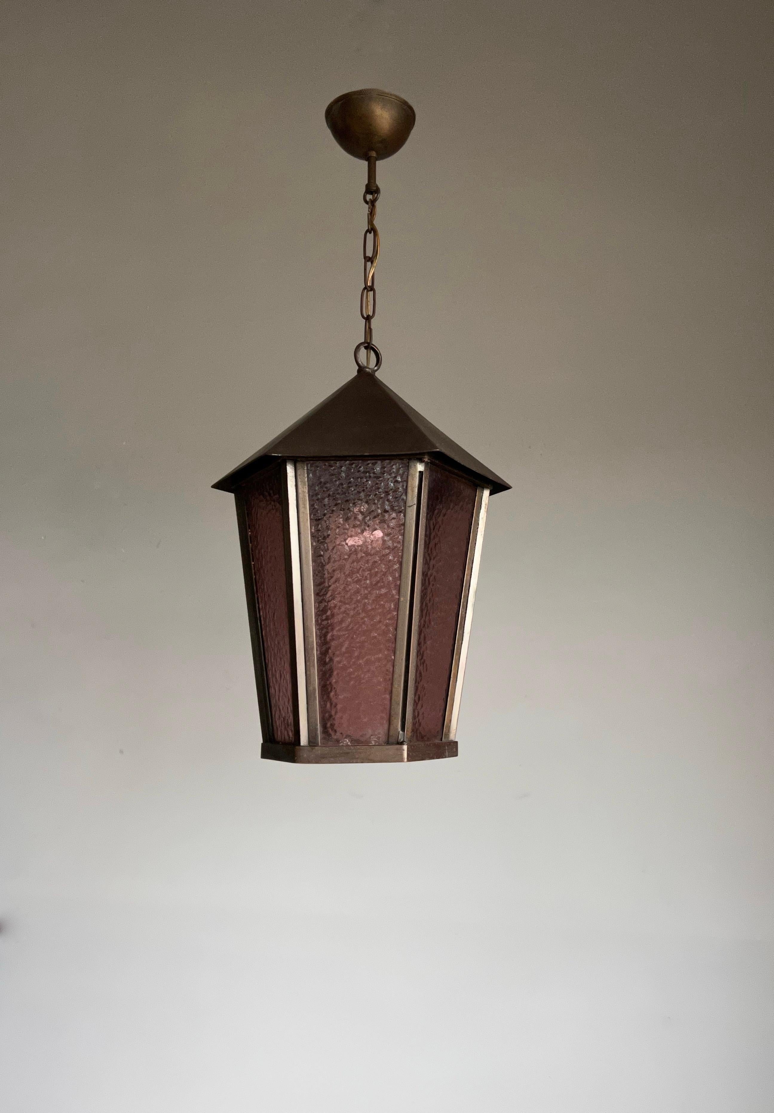 Antique Arts & Crafts Bronzed Brass and Cathedral Glass Pendant Light / Lantern For Sale 5