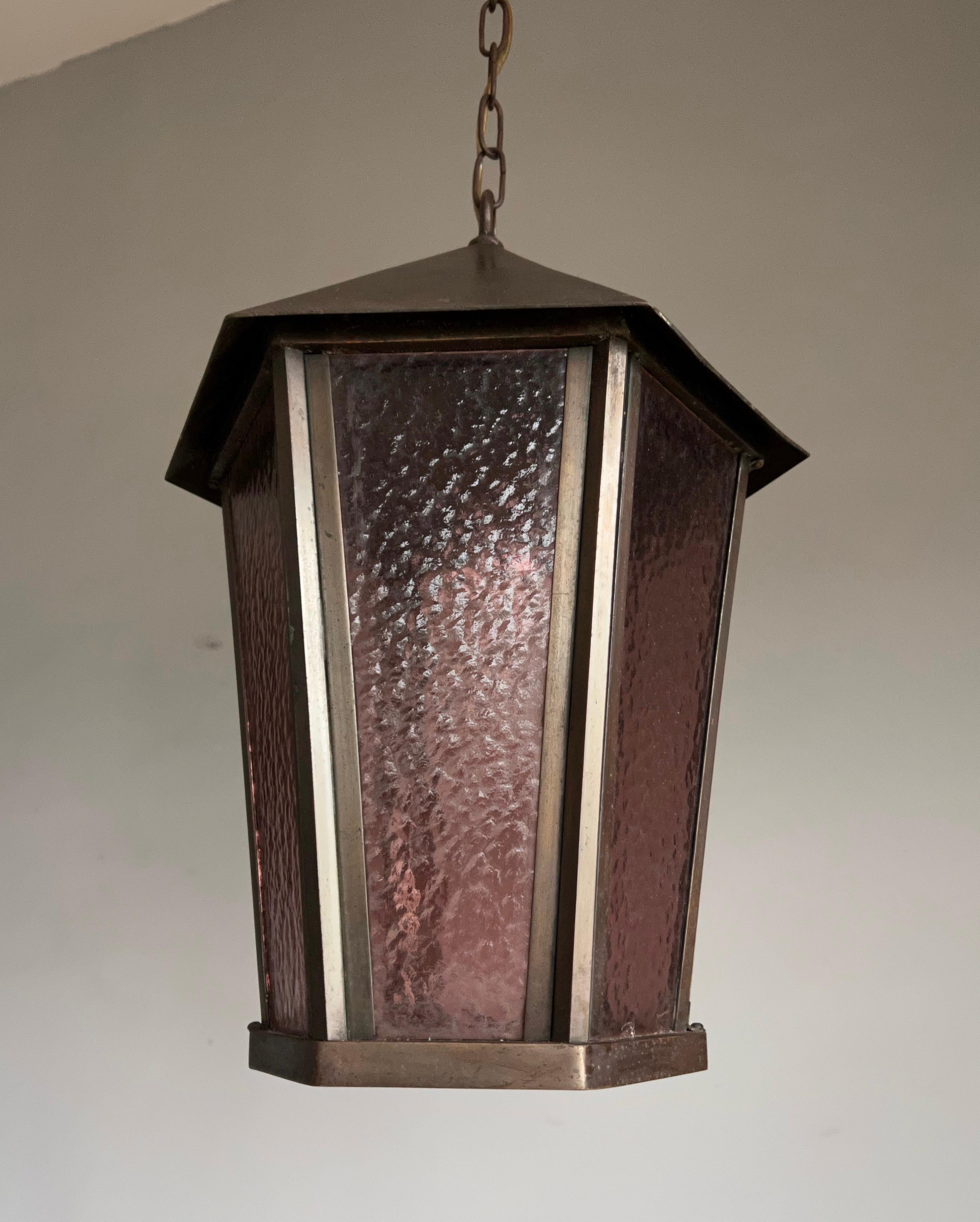 Antique Arts & Crafts Bronzed Brass and Cathedral Glass Pendant Light / Lantern For Sale 8
