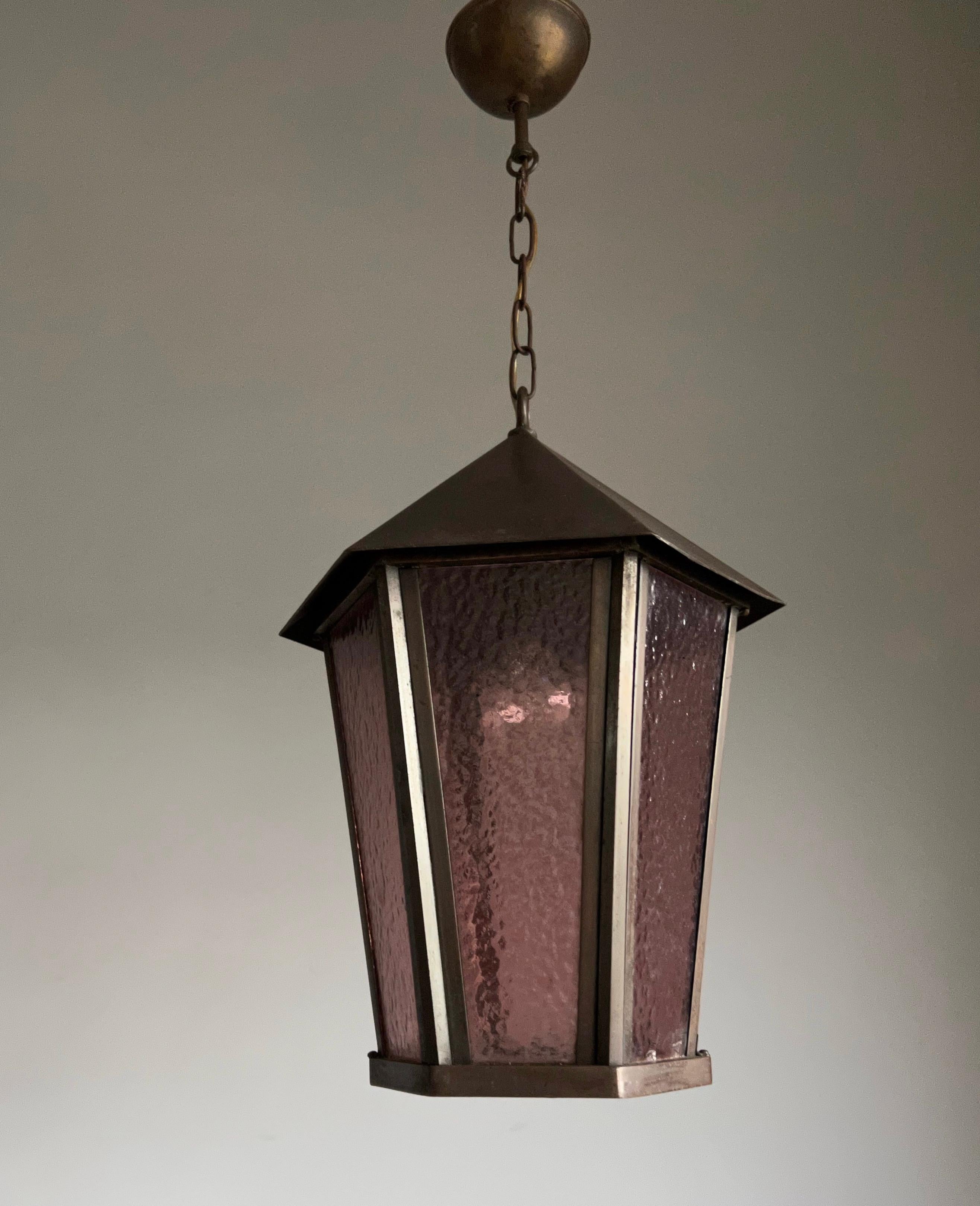 Antique Arts & Crafts Bronzed Brass and Cathedral Glass Pendant Light / Lantern For Sale 14