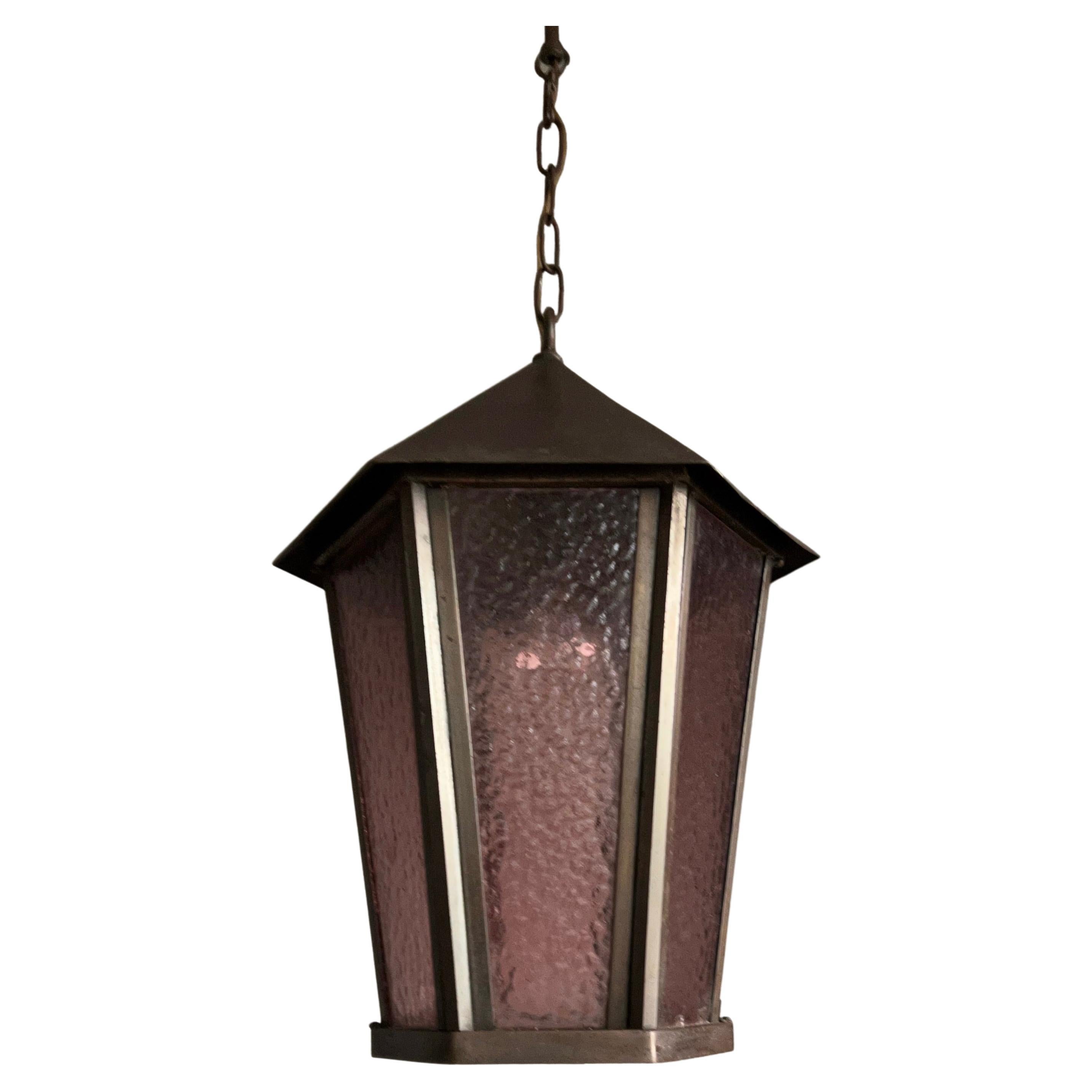 Antique Arts & Crafts Bronzed Brass and Cathedral Glass Pendant Light / Lantern For Sale