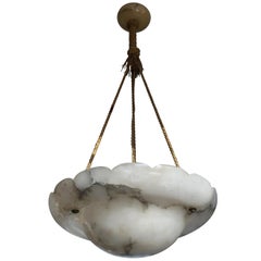 Early 1900s Arts & Crafts Pendant with Original Rope & Striking Alabaster Shade