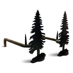 Early 1900s Arts & Crafts Pine Tree Shaped Cast Iron Andirons in a Grand Size