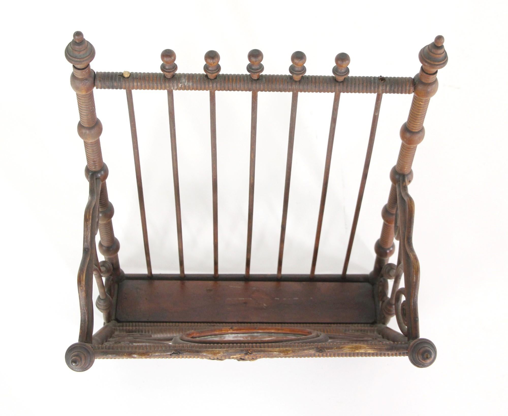 Early 1900s Bentwood Wicker Magazine Rack Etched Glass Motif with Copper Wheel For Sale 2