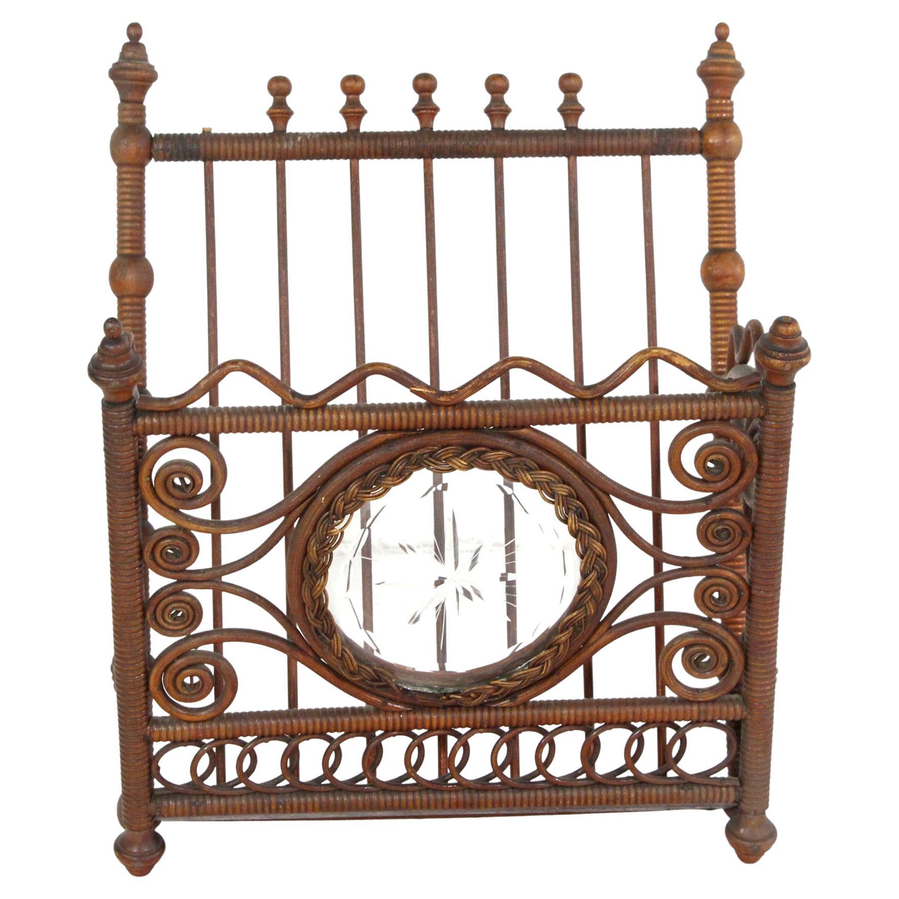 Early 1900s Bentwood Wicker Magazine Rack Etched Glass Motif with Copper Wheel For Sale