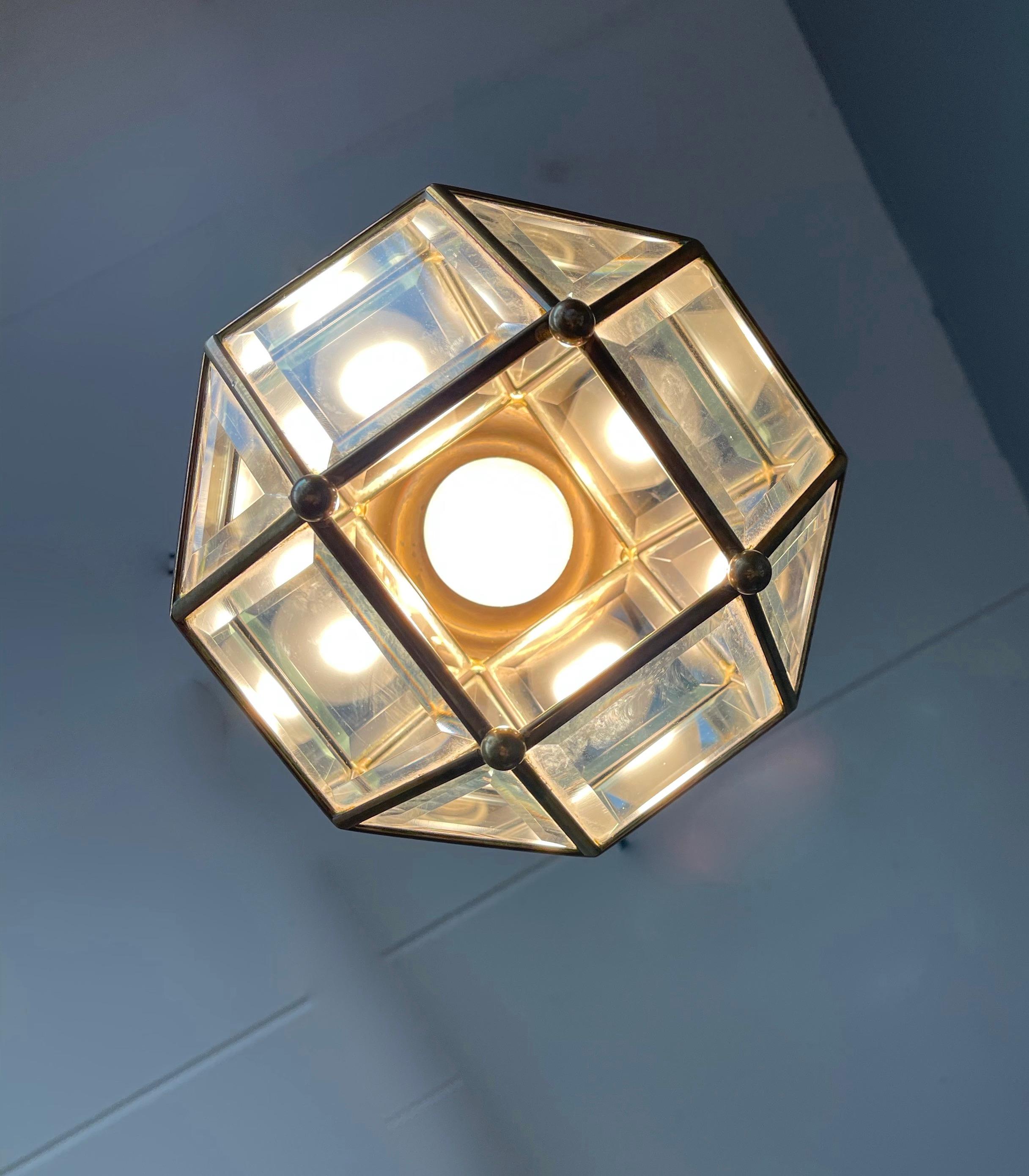 Early 1900s Beveled Glass and Brass Pendant Cubic Adolf Loos Style Ceiling Light In Excellent Condition In Lisse, NL