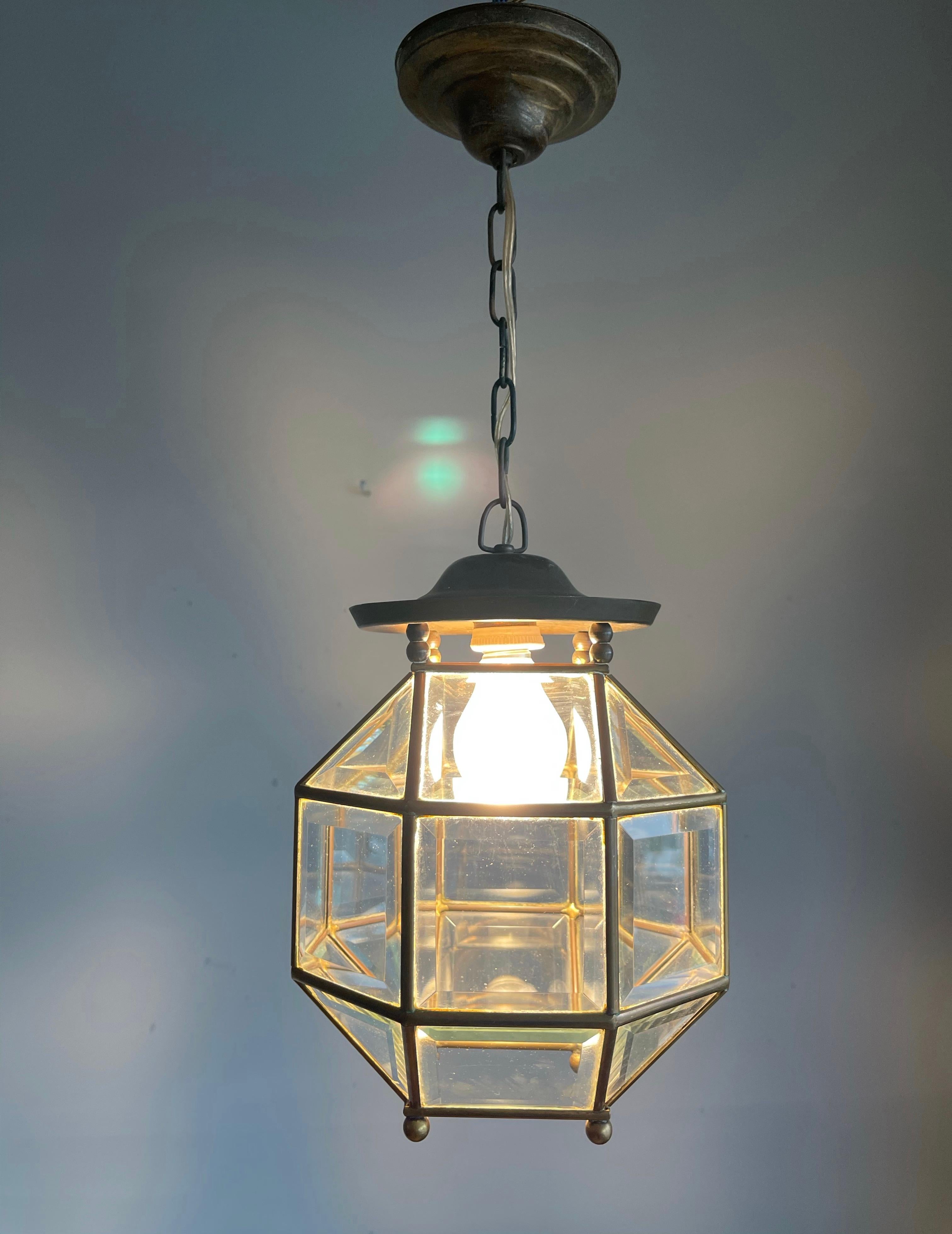 Early 1900s Beveled Glass and Brass Pendant Cubic Adolf Loos Style Ceiling Light 8