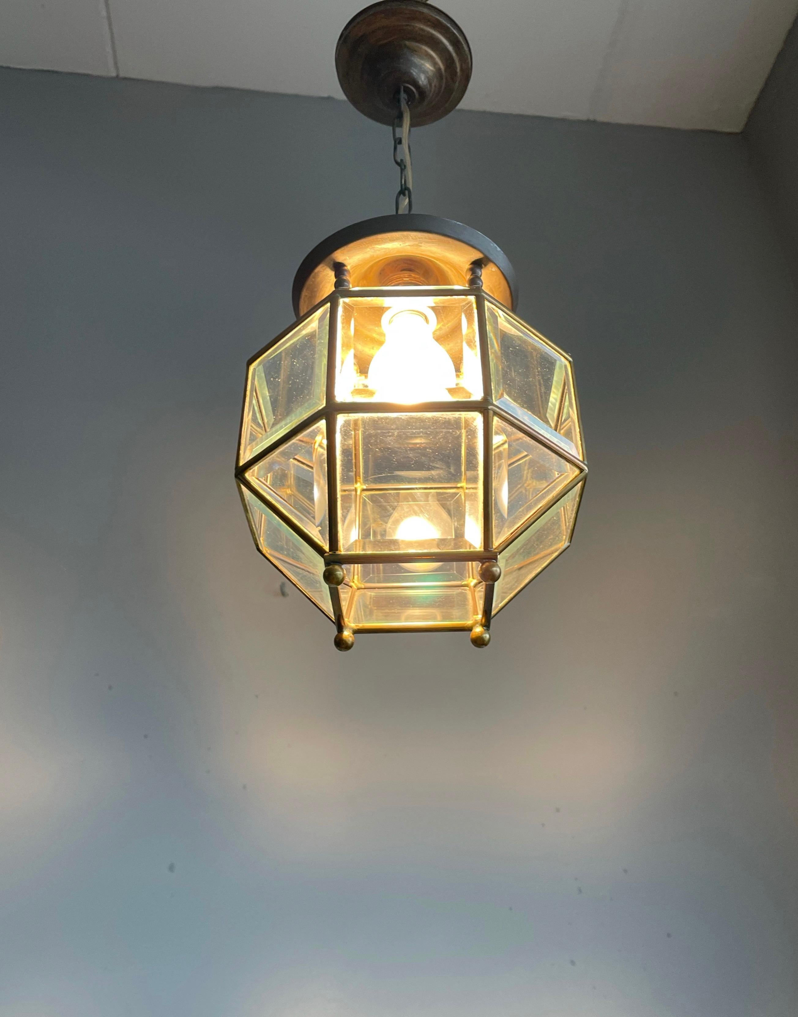 Early 1900s Beveled Glass and Brass Pendant Cubic Adolf Loos Style Ceiling Light 9