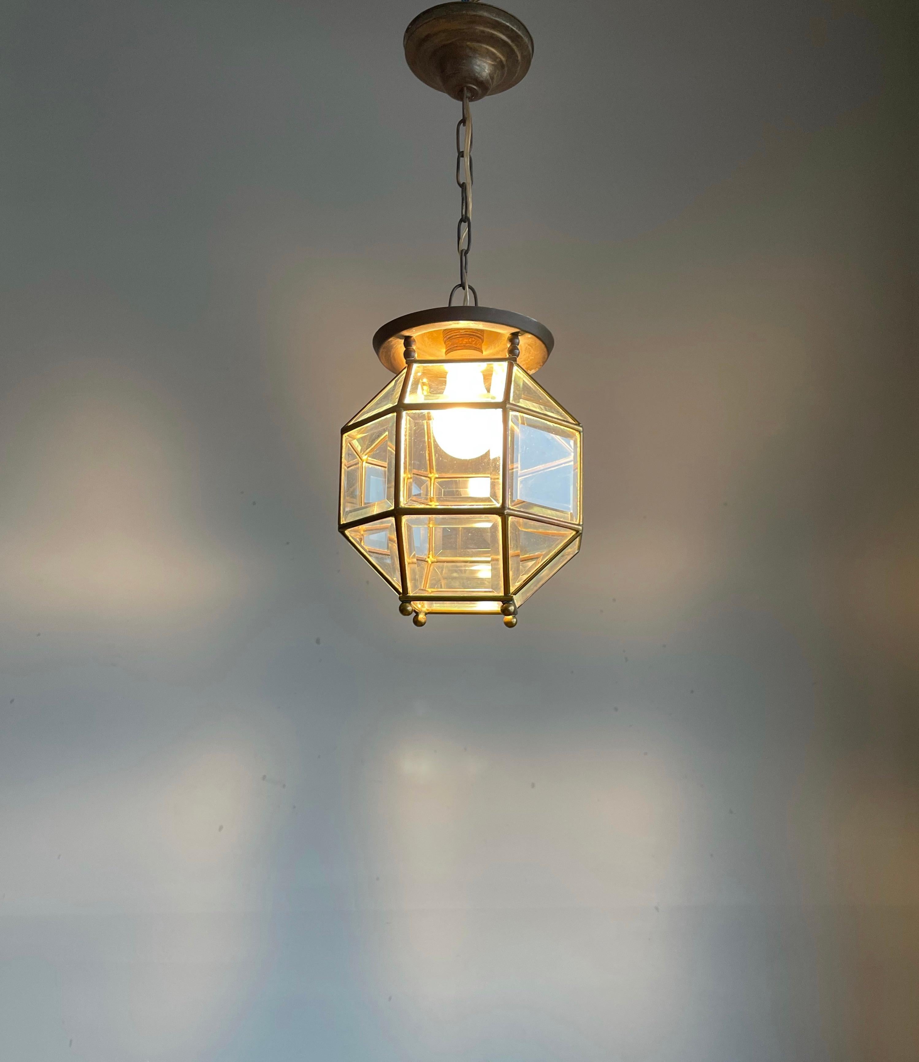 Early 1900s Beveled Glass and Brass Pendant Cubic Adolf Loos Style Ceiling Light 10