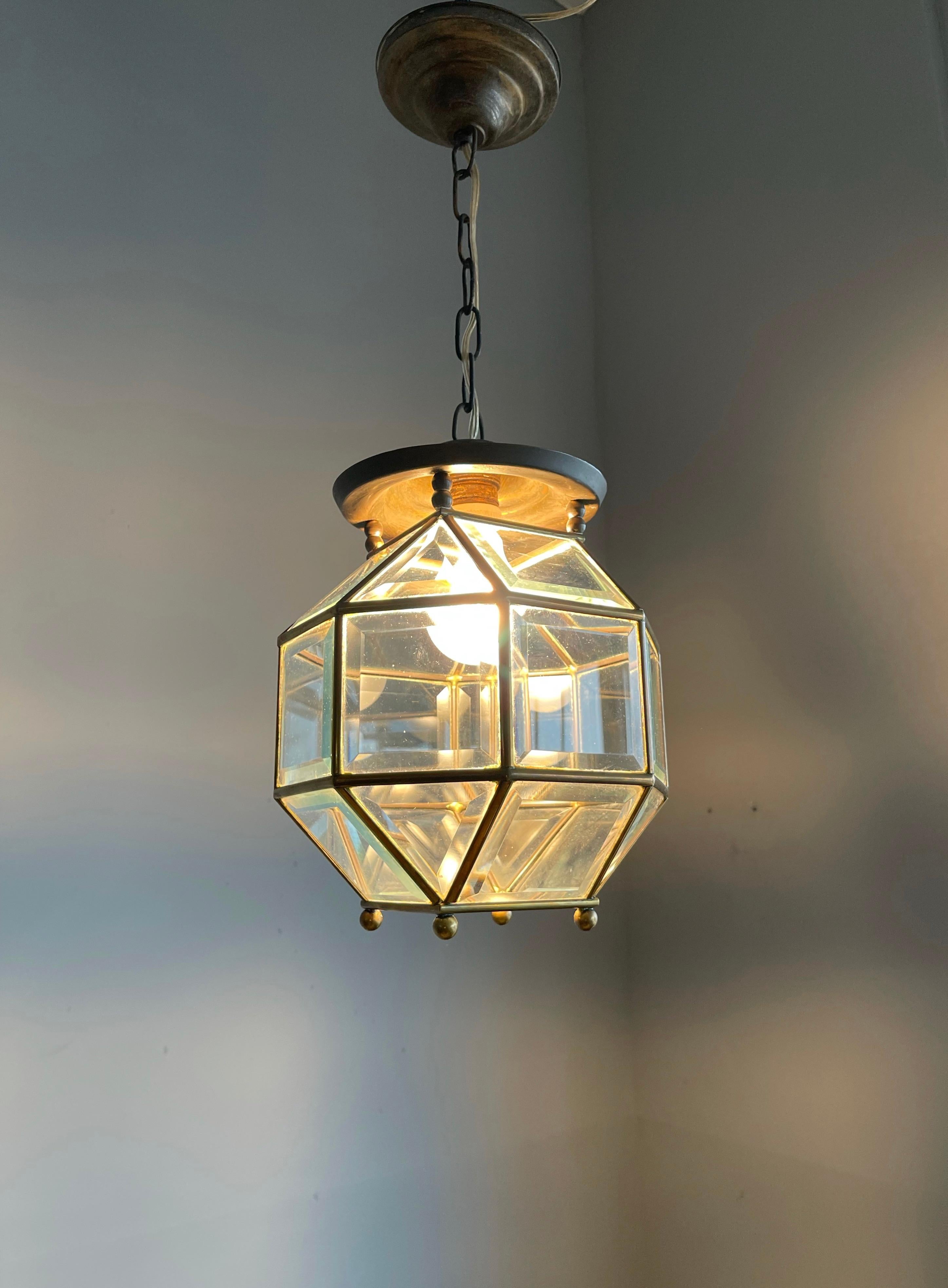 Early 1900s Beveled Glass and Brass Pendant Cubic Adolf Loos Style Ceiling Light 11