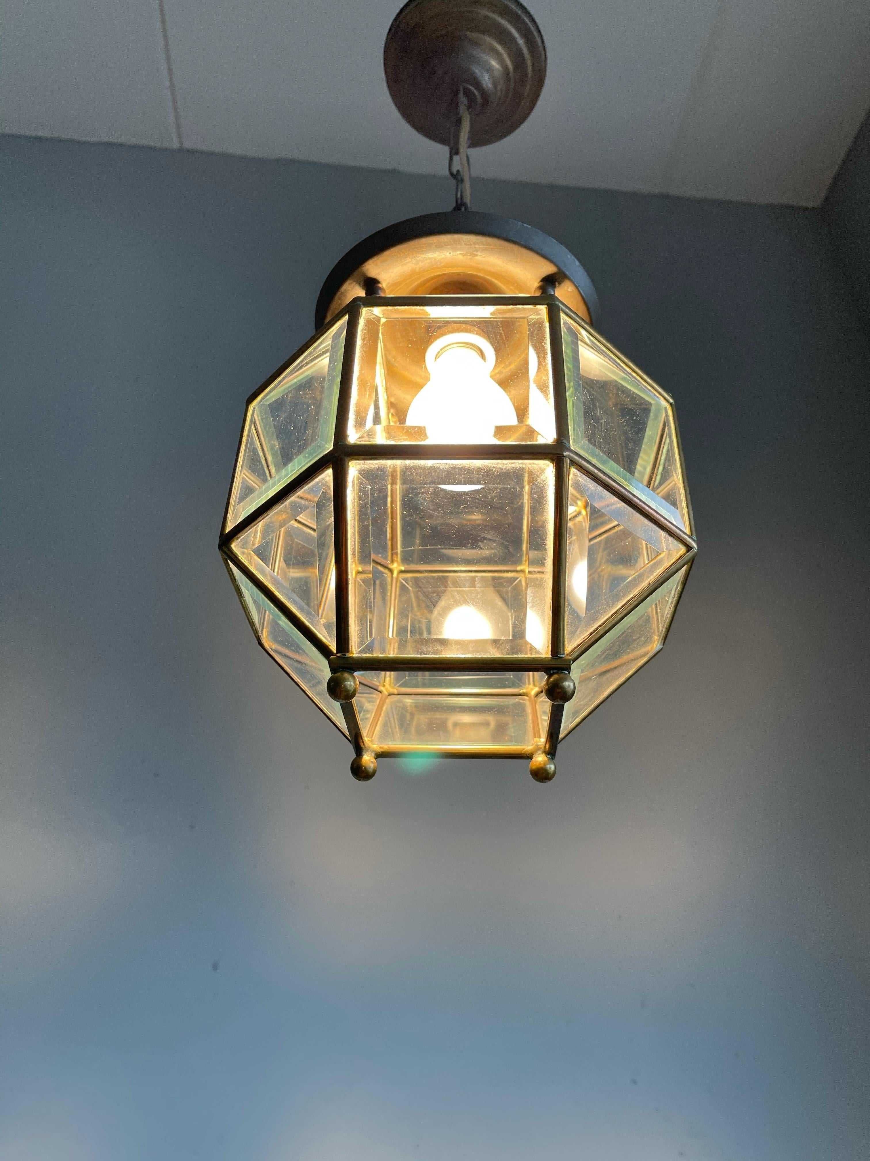 Early 1900s Beveled Glass and Brass Pendant Cubic Adolf Loos Style Ceiling Light 12