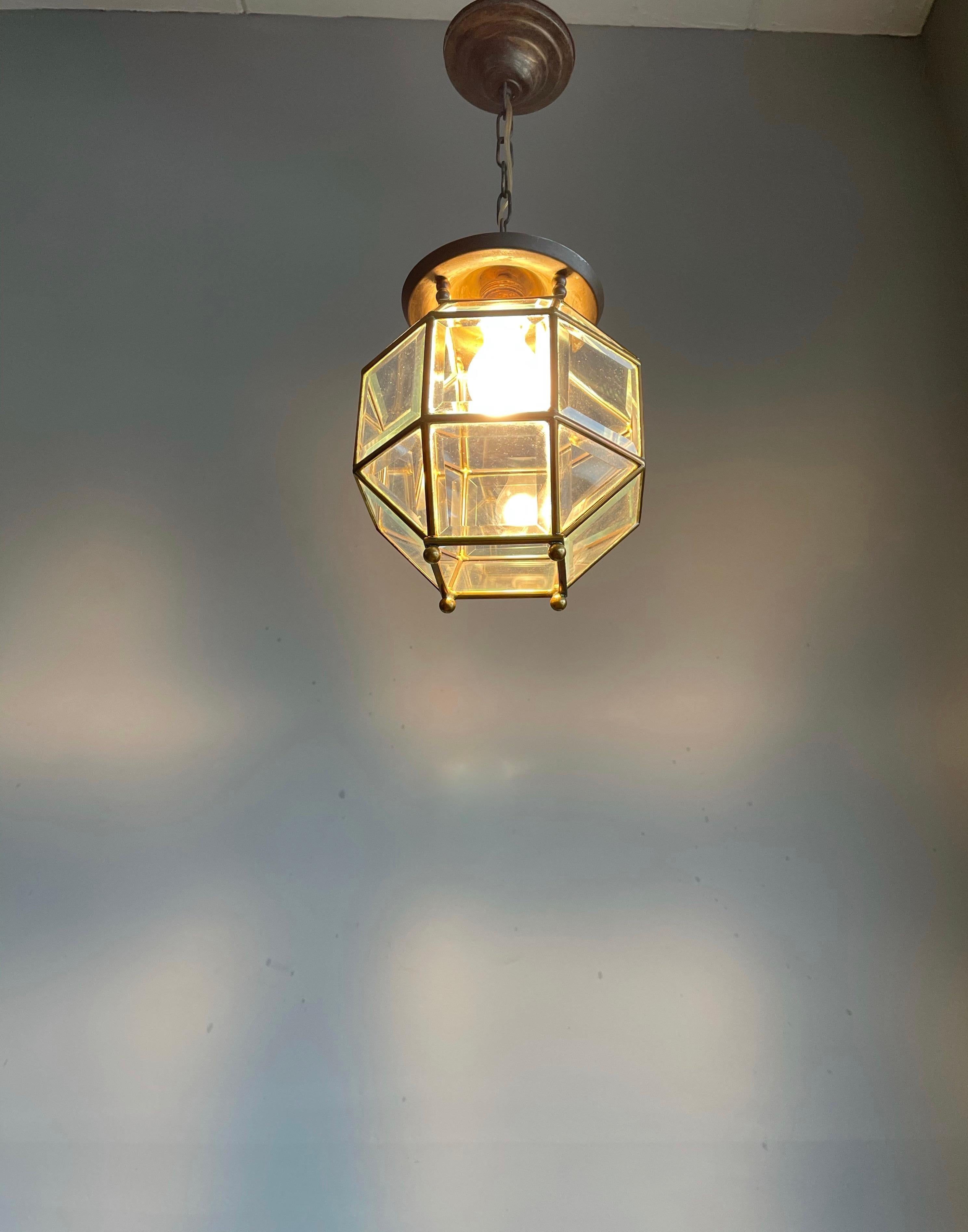Early 1900s Beveled Glass and Brass Pendant Cubic Adolf Loos Style Ceiling Light 13