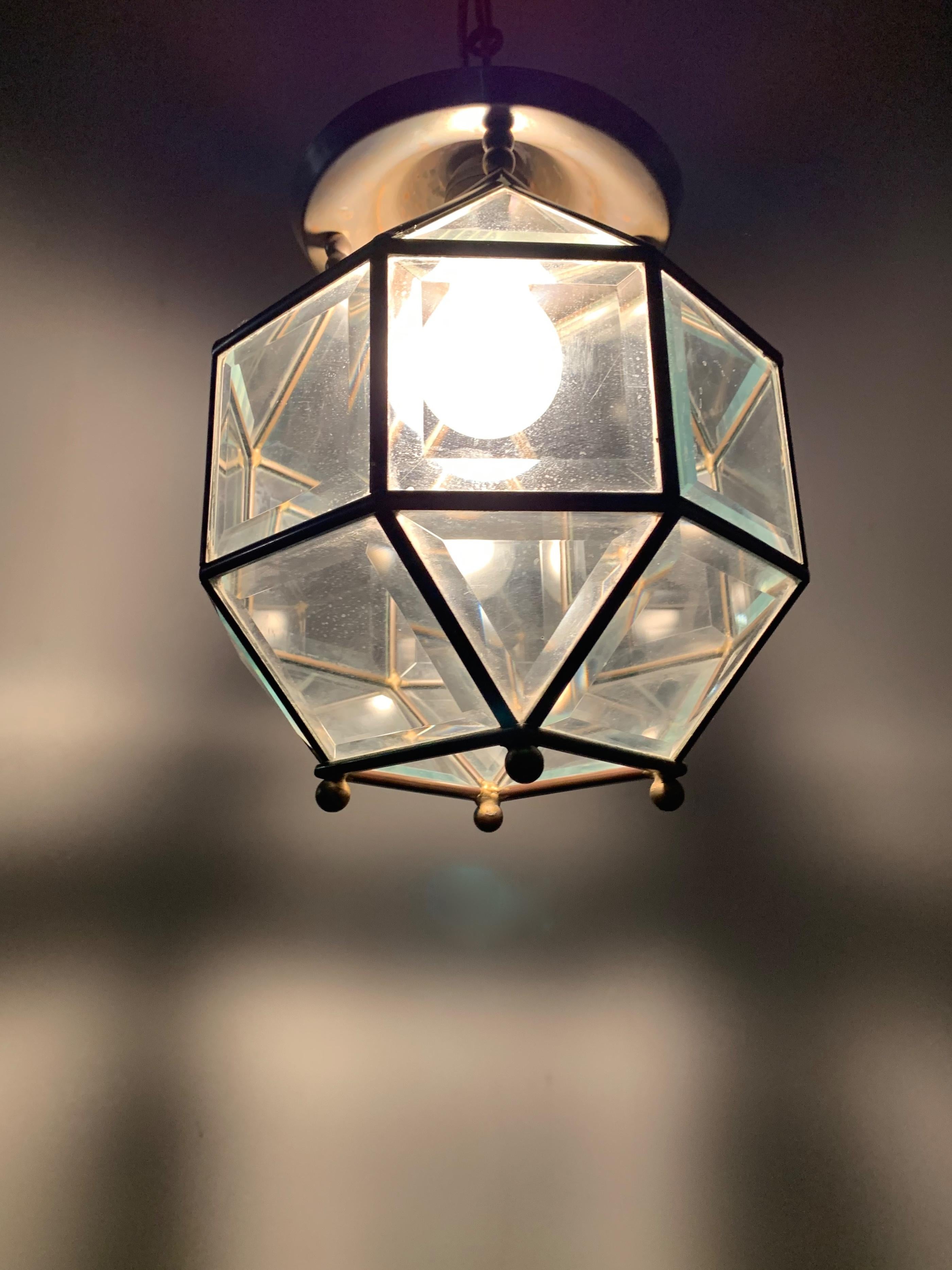 European Early 1900s Beveled Glass and Brass Pendant Cubic Adolf Loos Style Ceiling Light