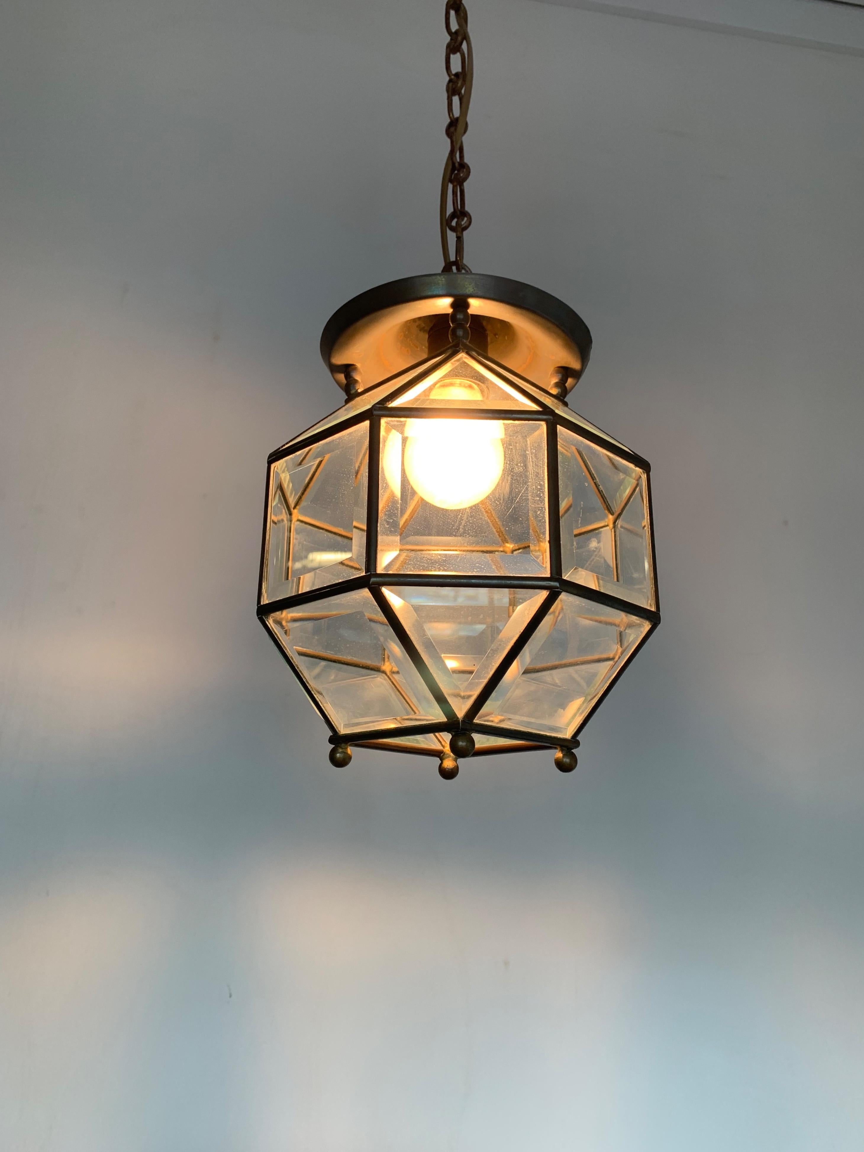 20th Century Early 1900s Beveled Glass and Brass Pendant Cubic Adolf Loos Style Ceiling Light