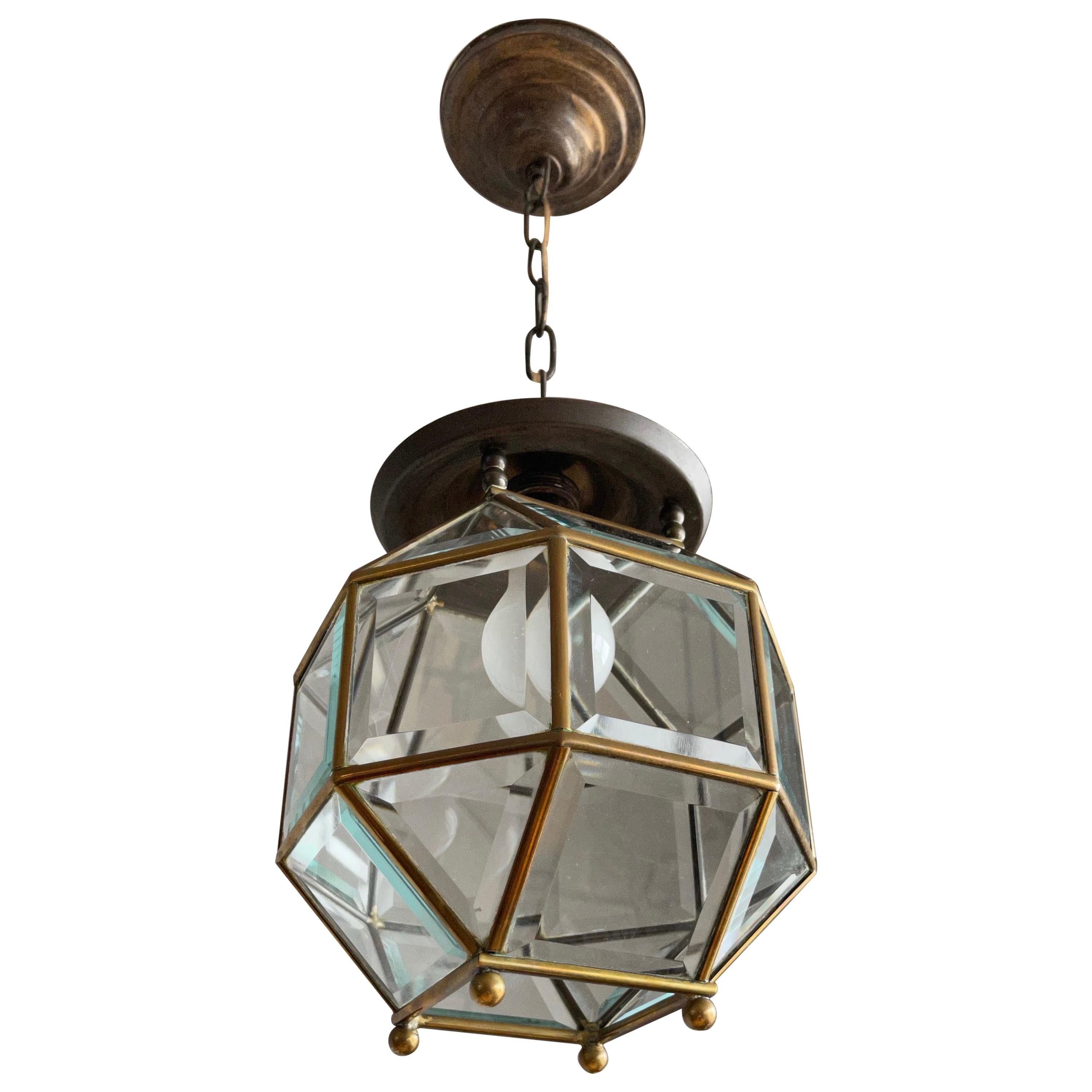 Early 1900s Beveled Glass and Brass Pendant Cubic Adolf Loos Style Ceiling Light