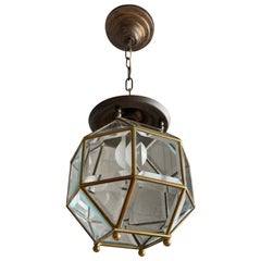 Antique Early 1900s Beveled Glass and Brass Pendant Cubic Adolf Loos Style Ceiling Light