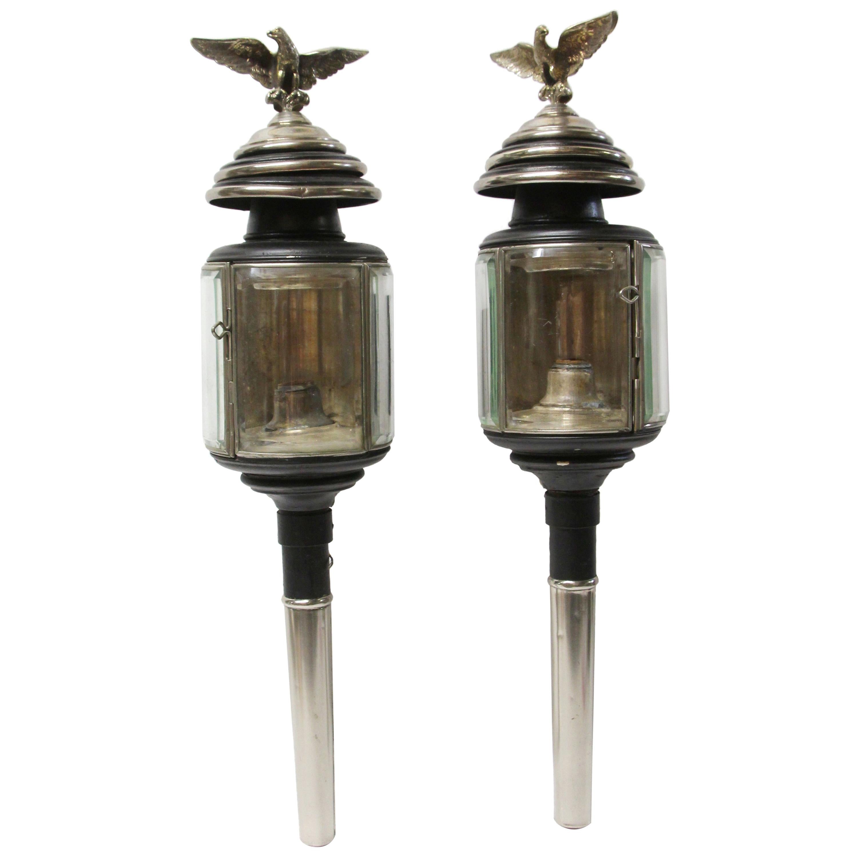 Early 1900s Beveled Glass and Silvered Brass Eagles Carriage Lights