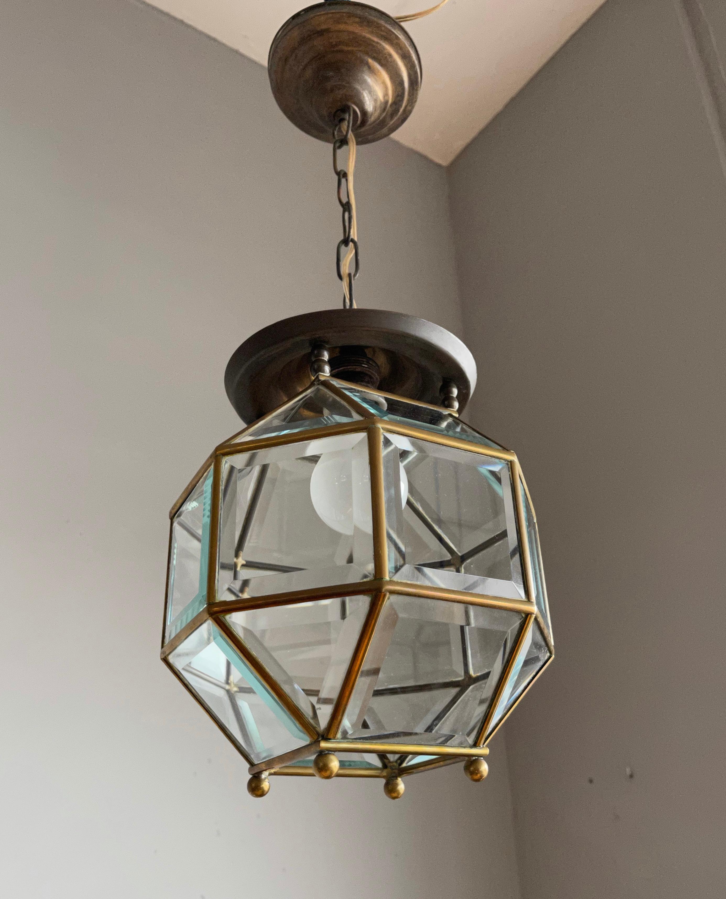 Early 1900s Beveled Glass and Brass Pendant Cubic Adolf Loos Style Ceiling Light 7
