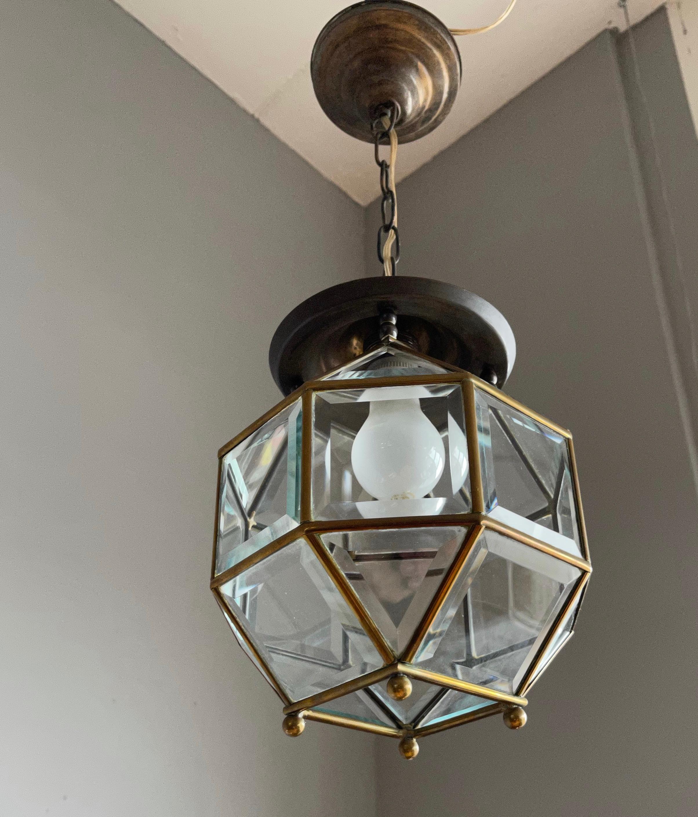 Arts and Crafts Early 1900s Beveled Glass and Brass Pendant Cubic Adolf Loos Style Ceiling Light