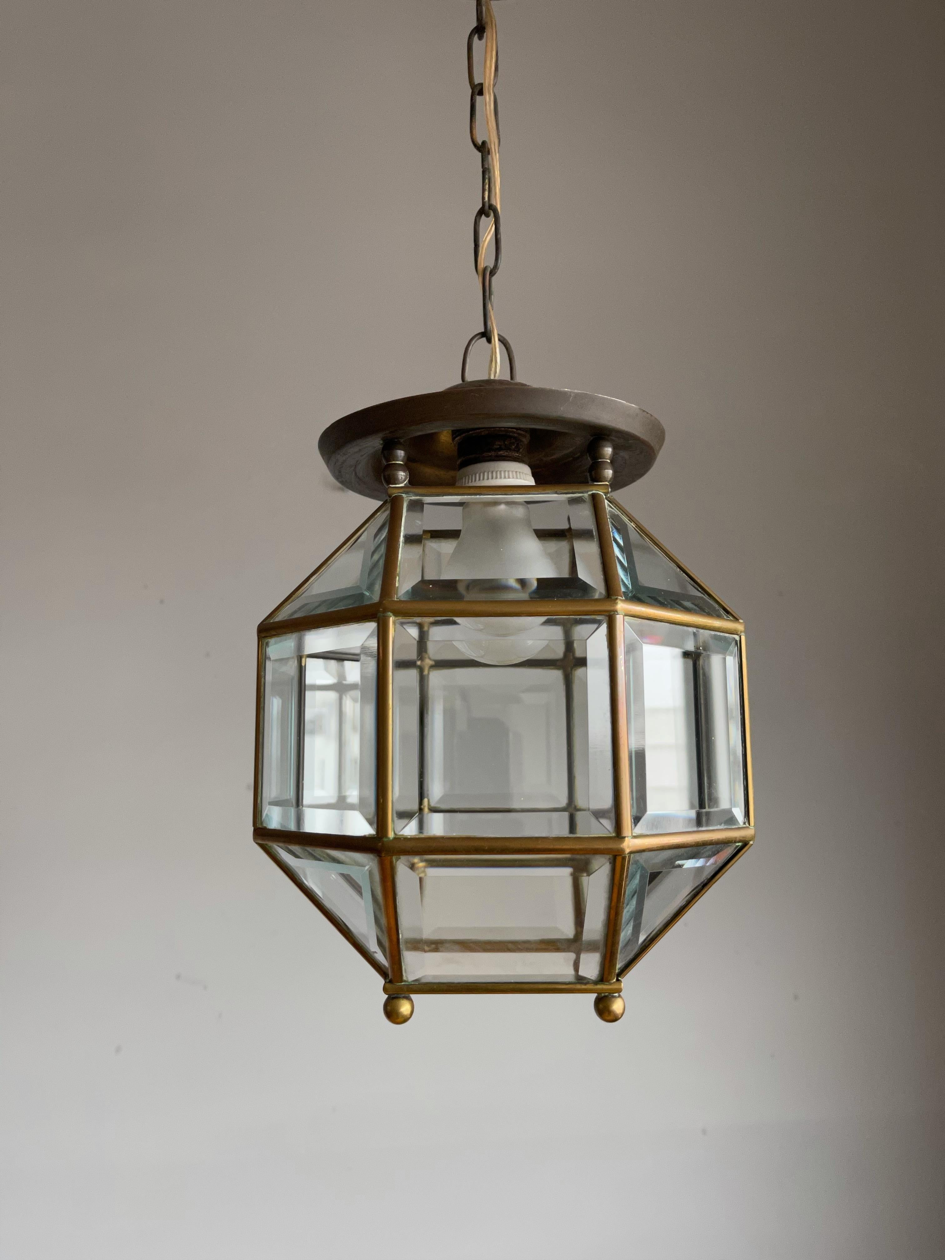 Early 1900s Beveled Glass and Brass Pendant Cubic Adolf Loos Style Ceiling Light 1