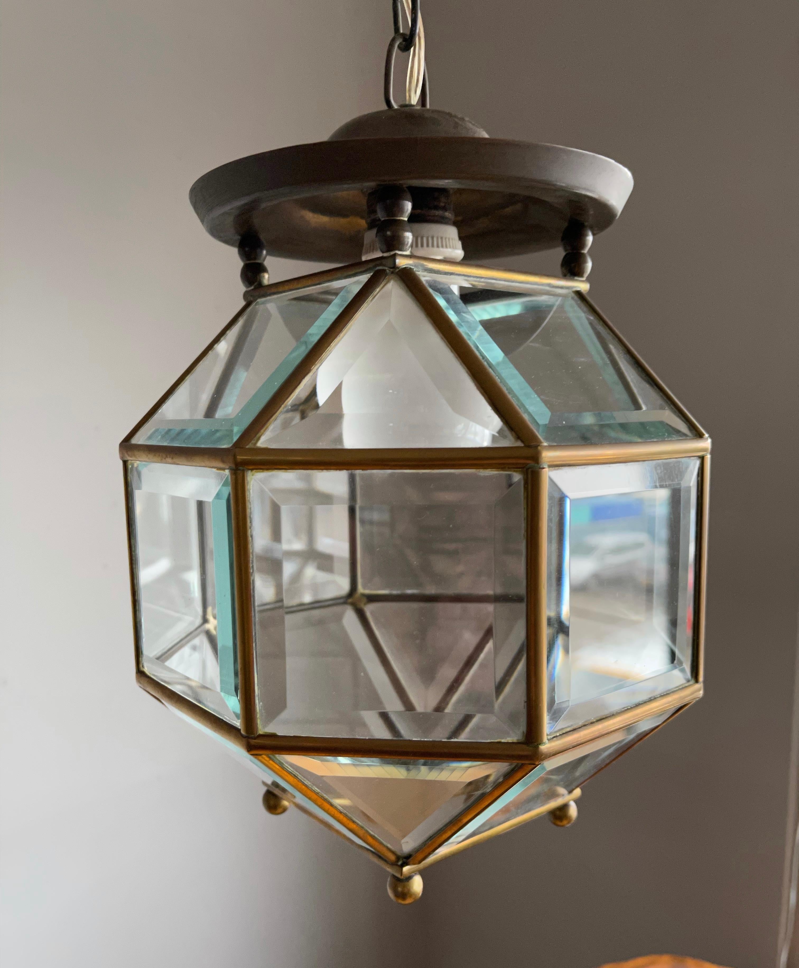 Early 1900s Beveled Glass and Brass Pendant Cubic Adolf Loos Style Ceiling Light 2