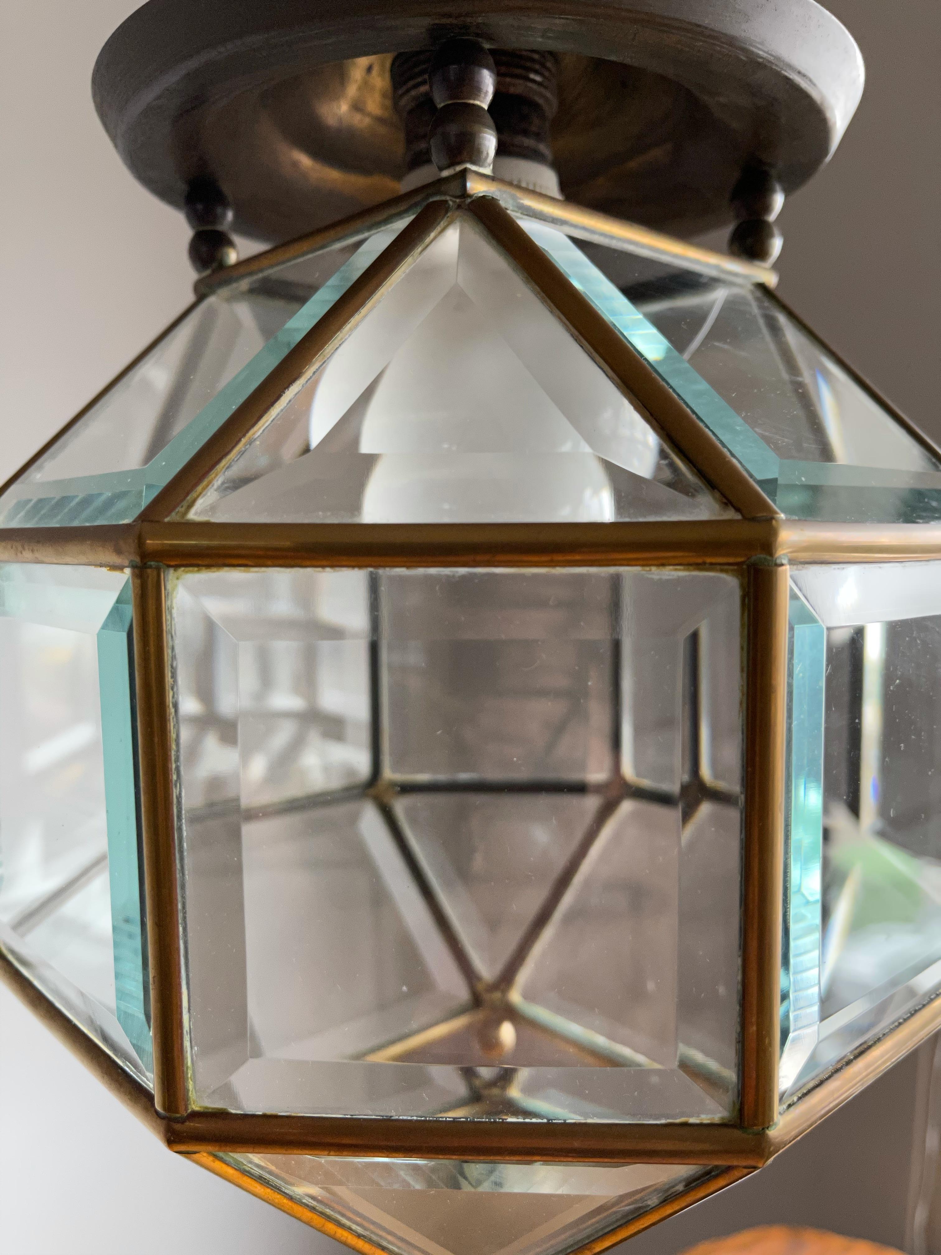 Early 1900s Beveled Glass and Brass Pendant Cubic Adolf Loos Style Ceiling Light 3