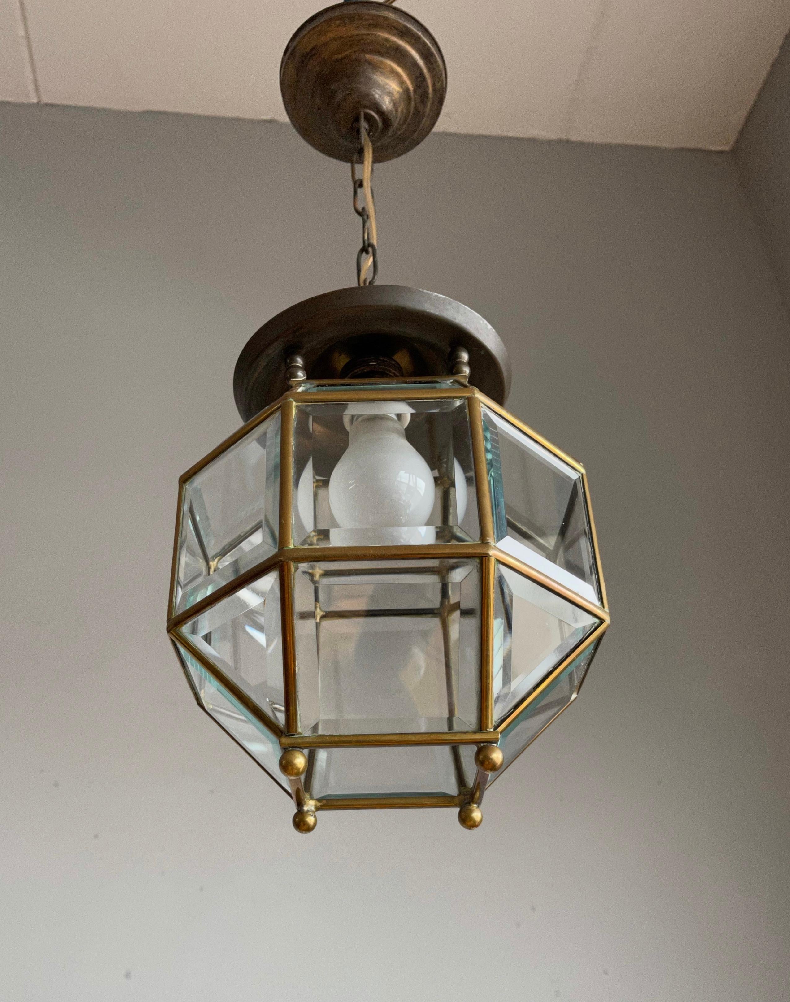 Early 1900s Beveled Glass and Brass Pendant Cubic Adolf Loos Style Ceiling Light 5