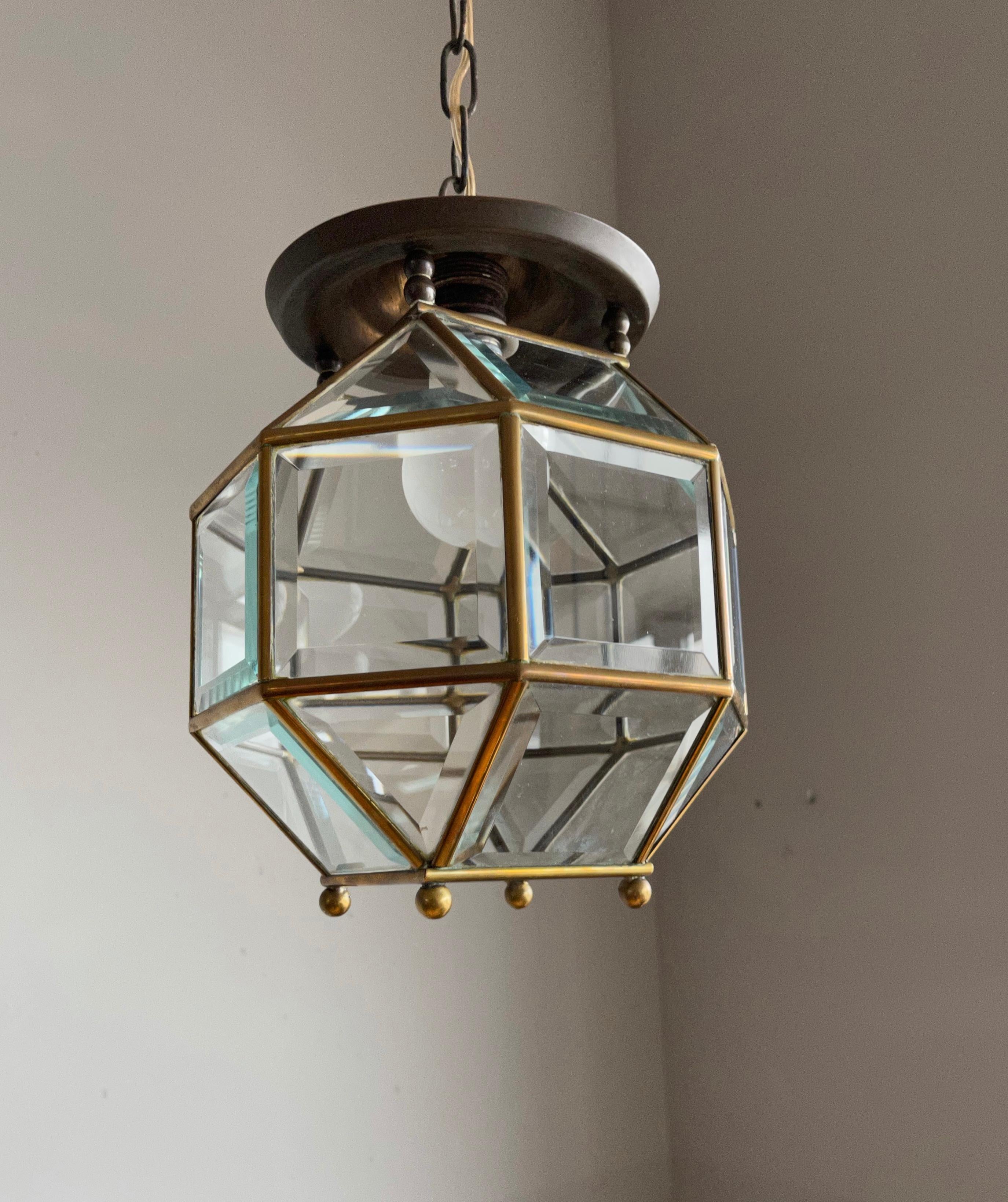 Early 1900s Beveled Glass and Brass Pendant Cubic Adolf Loos Style Ceiling Light 6