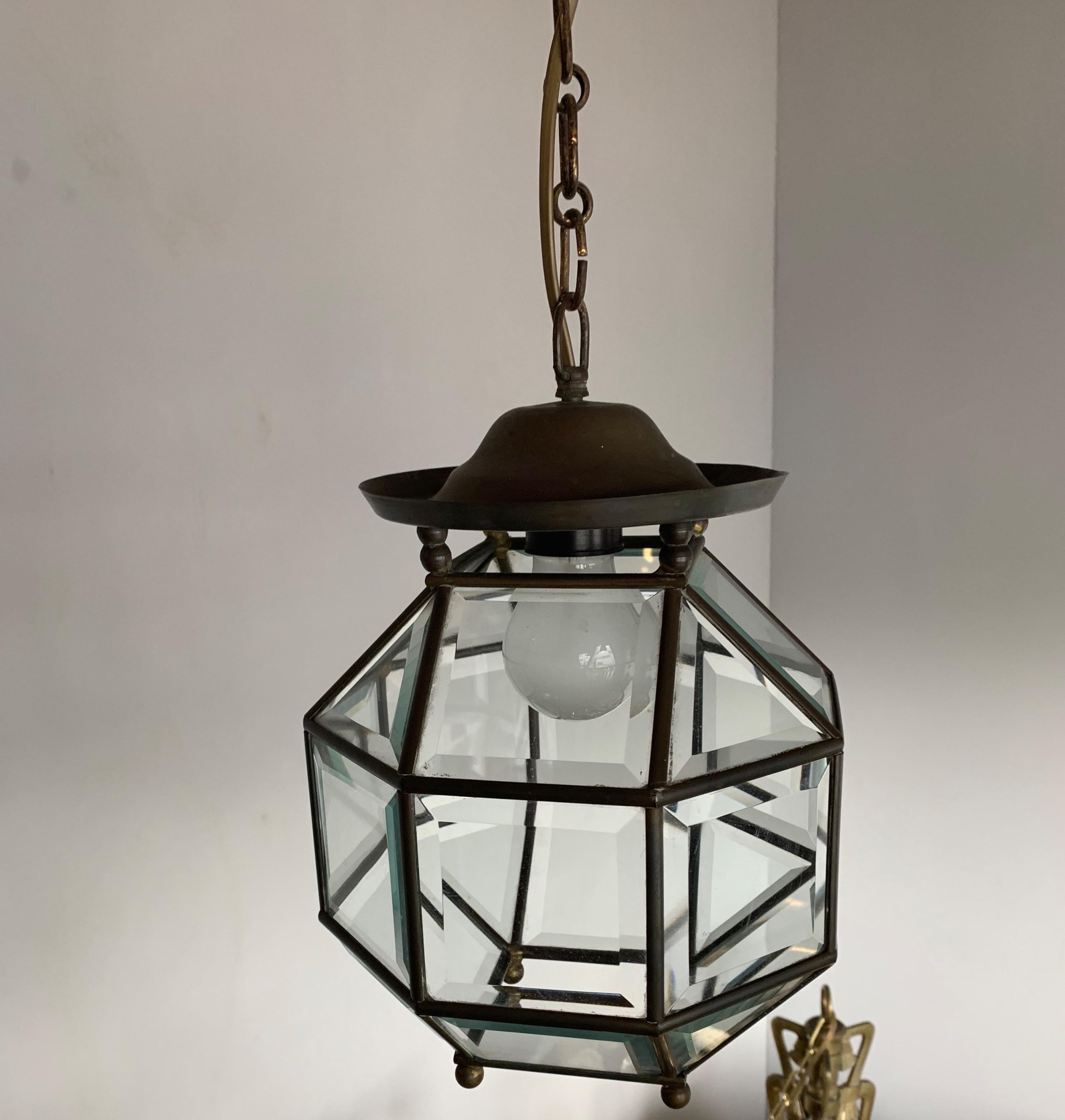Early 1900s Bevelled Glass & Brass Pendant Cubic Ceiling Light  Adolf Loos Style 2