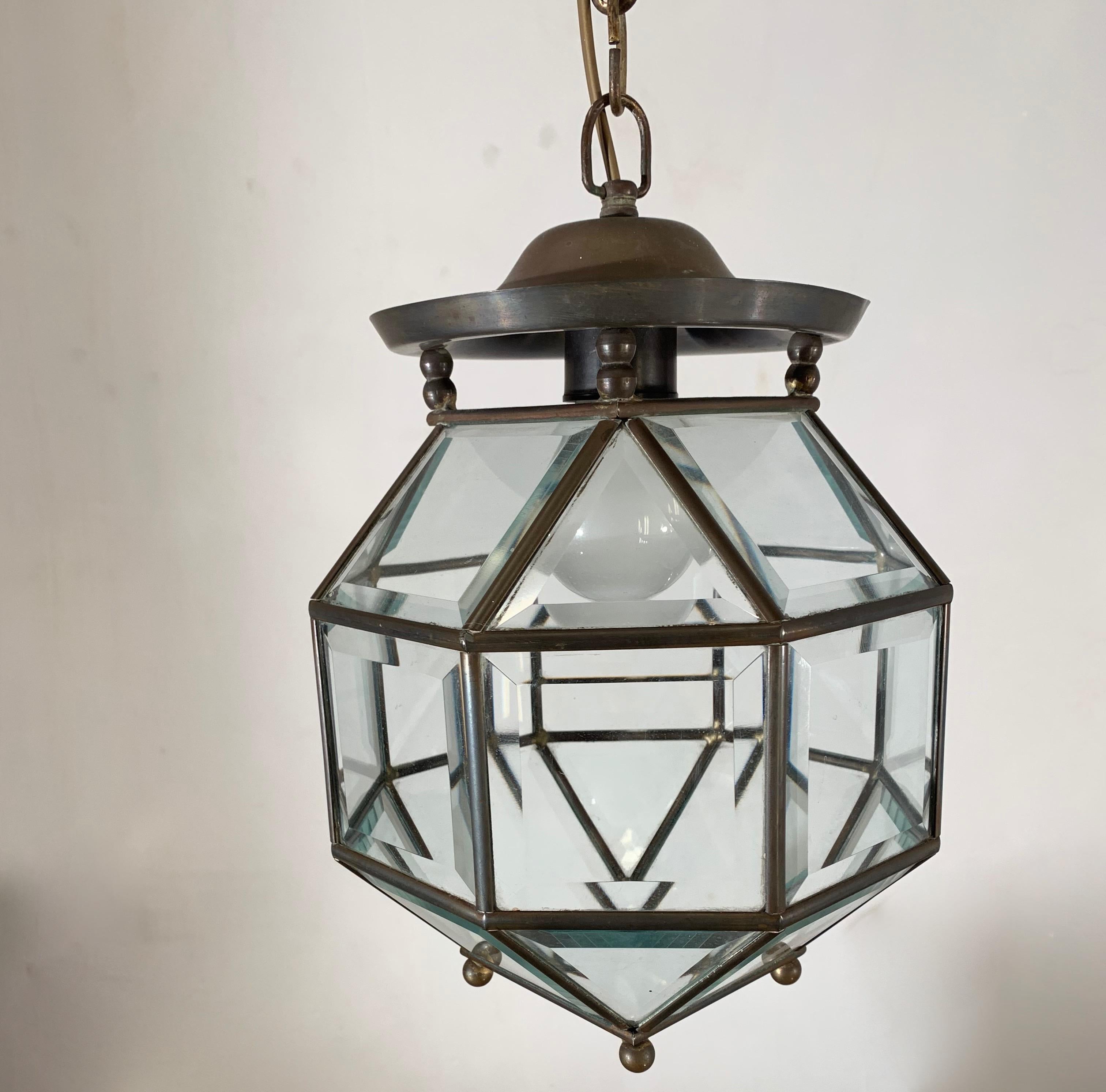 Early 1900s Bevelled Glass & Brass Pendant Cubic Ceiling Light  Adolf Loos Style 3