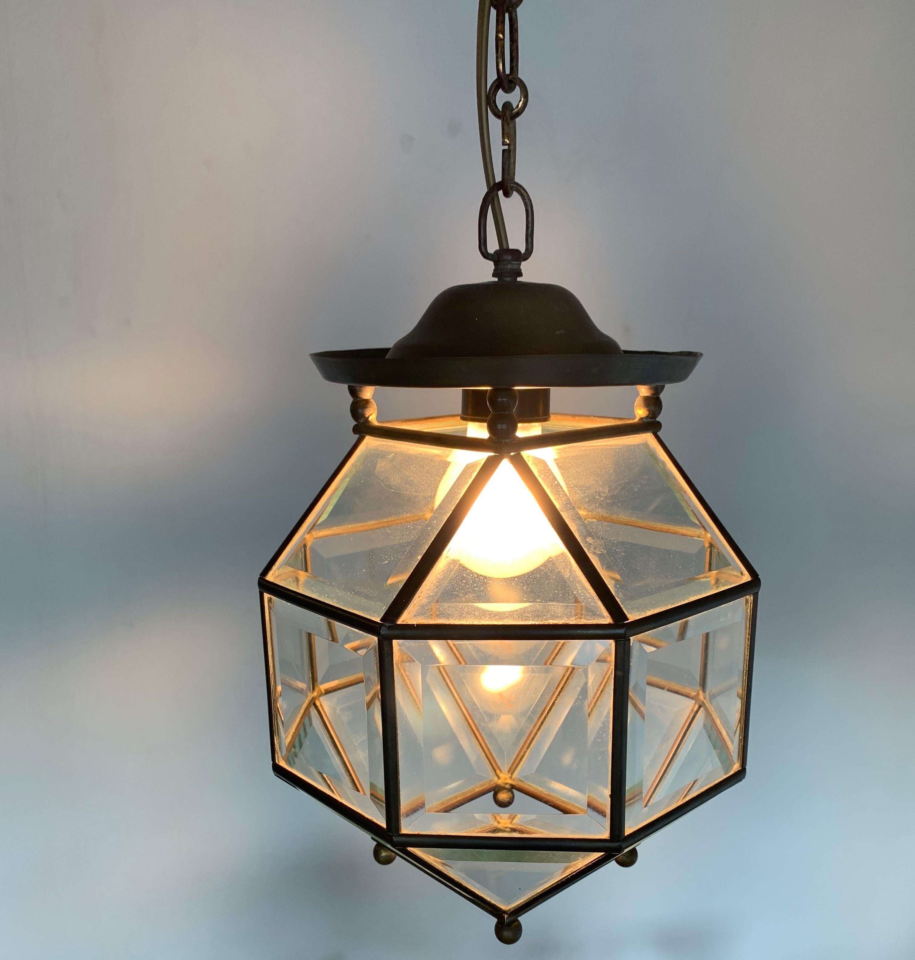 Early 1900s Bevelled Glass & Brass Pendant Cubic Ceiling Light  Adolf Loos Style 4