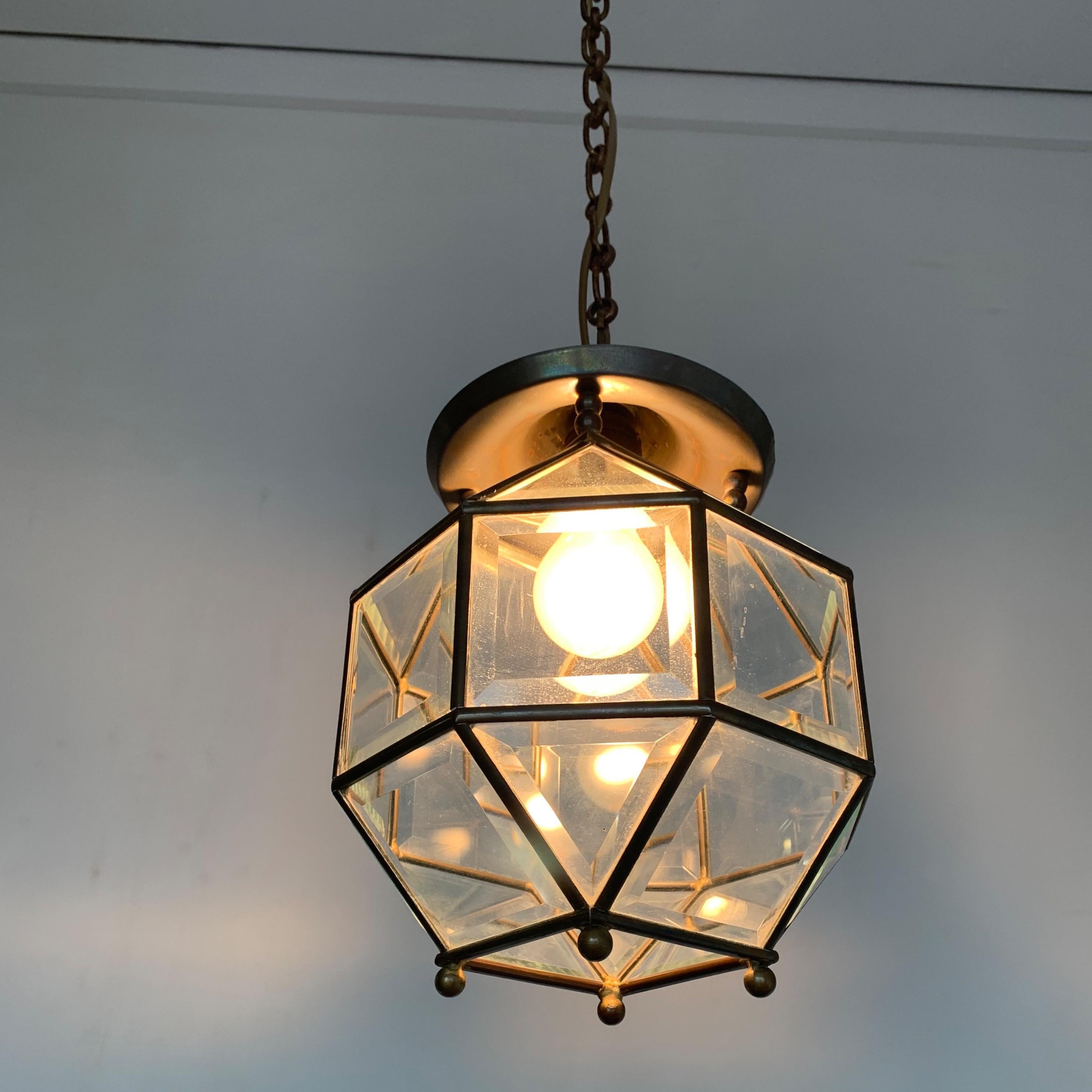 Early 1900s Bevelled Glass & Brass Pendant Cubic Ceiling Light  Adolf Loos Style 6
