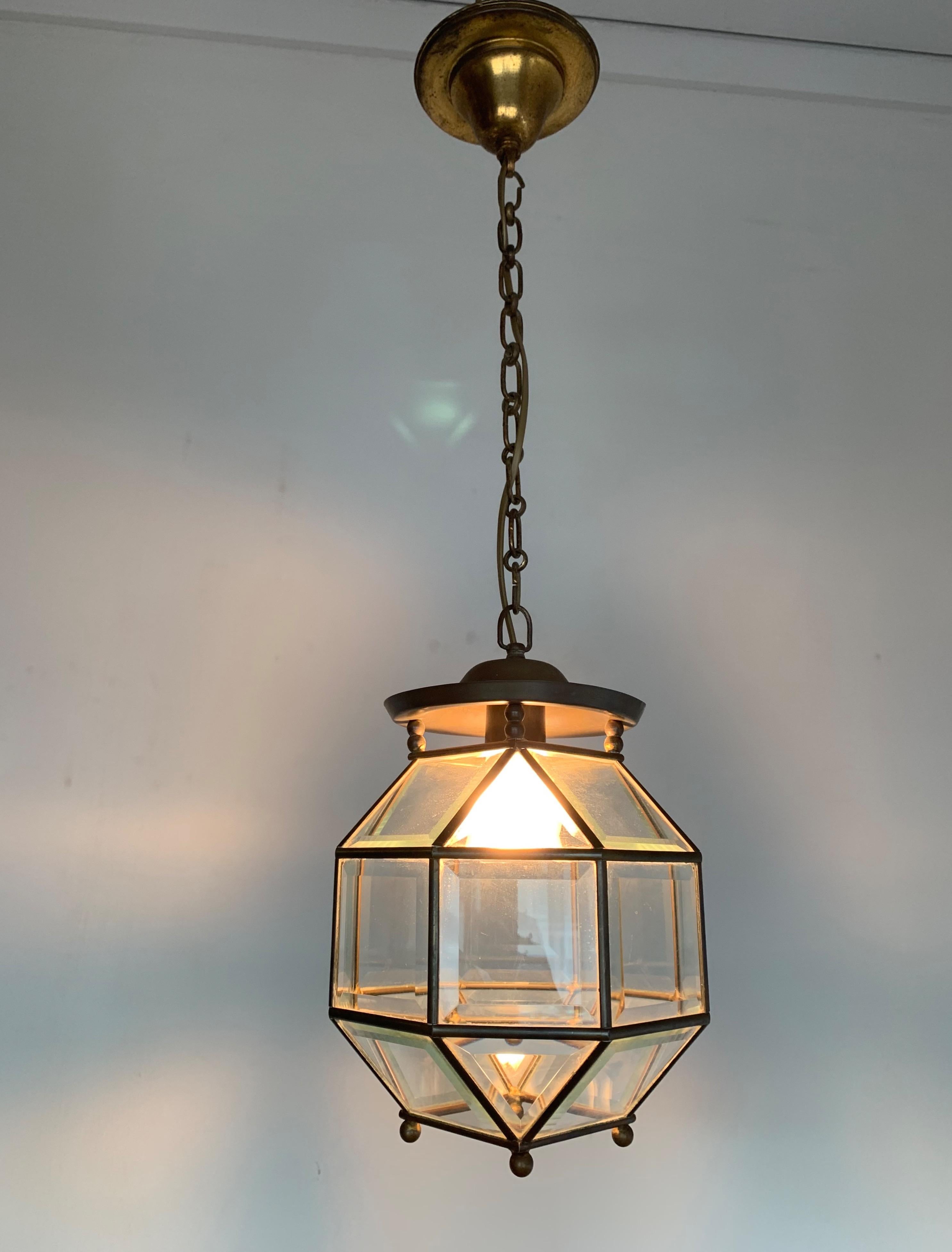 Early 1900s Bevelled Glass & Brass Pendant Cubic Ceiling Light  Adolf Loos Style 8