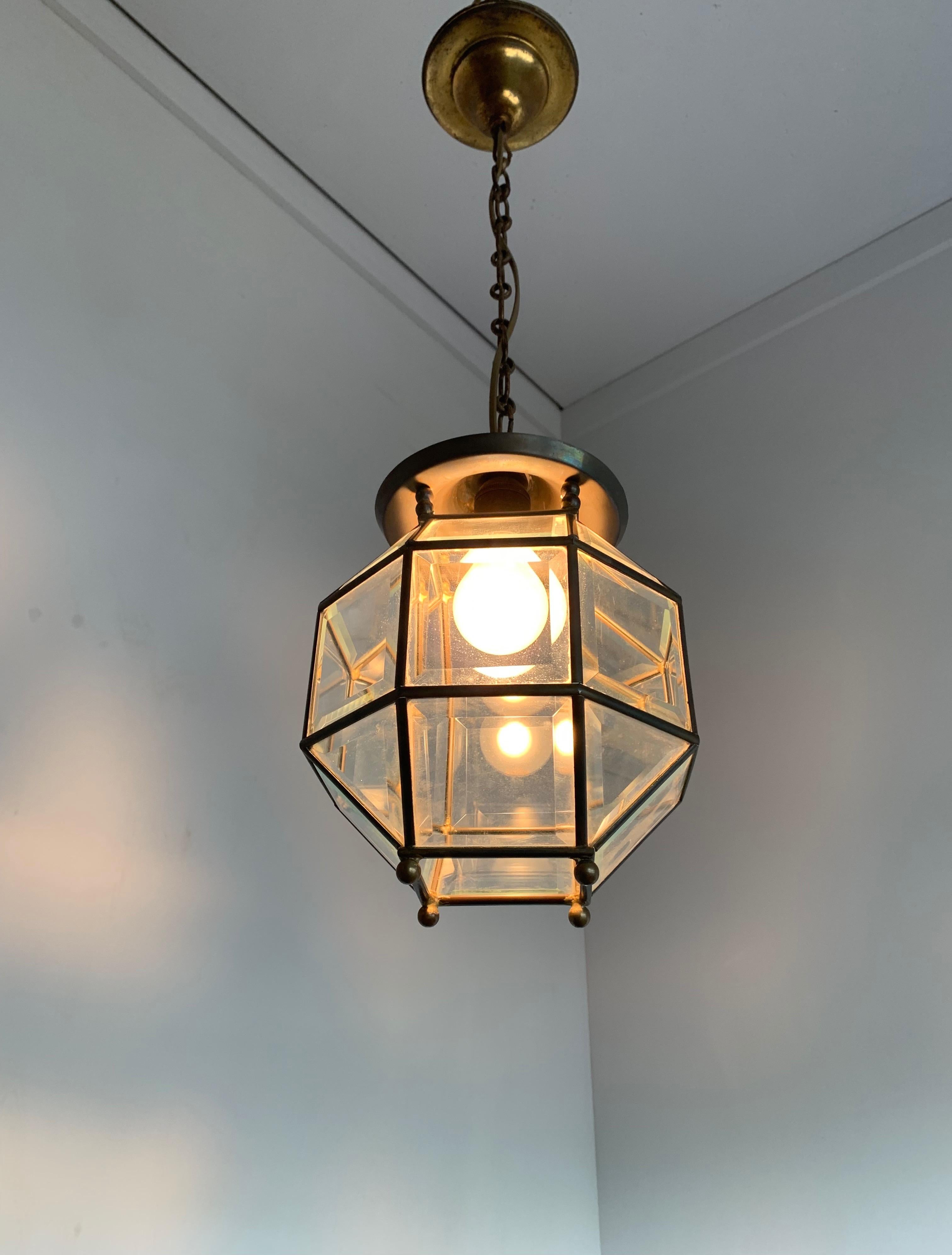 Early 1900s Bevelled Glass & Brass Pendant Cubic Ceiling Light  Adolf Loos Style 9
