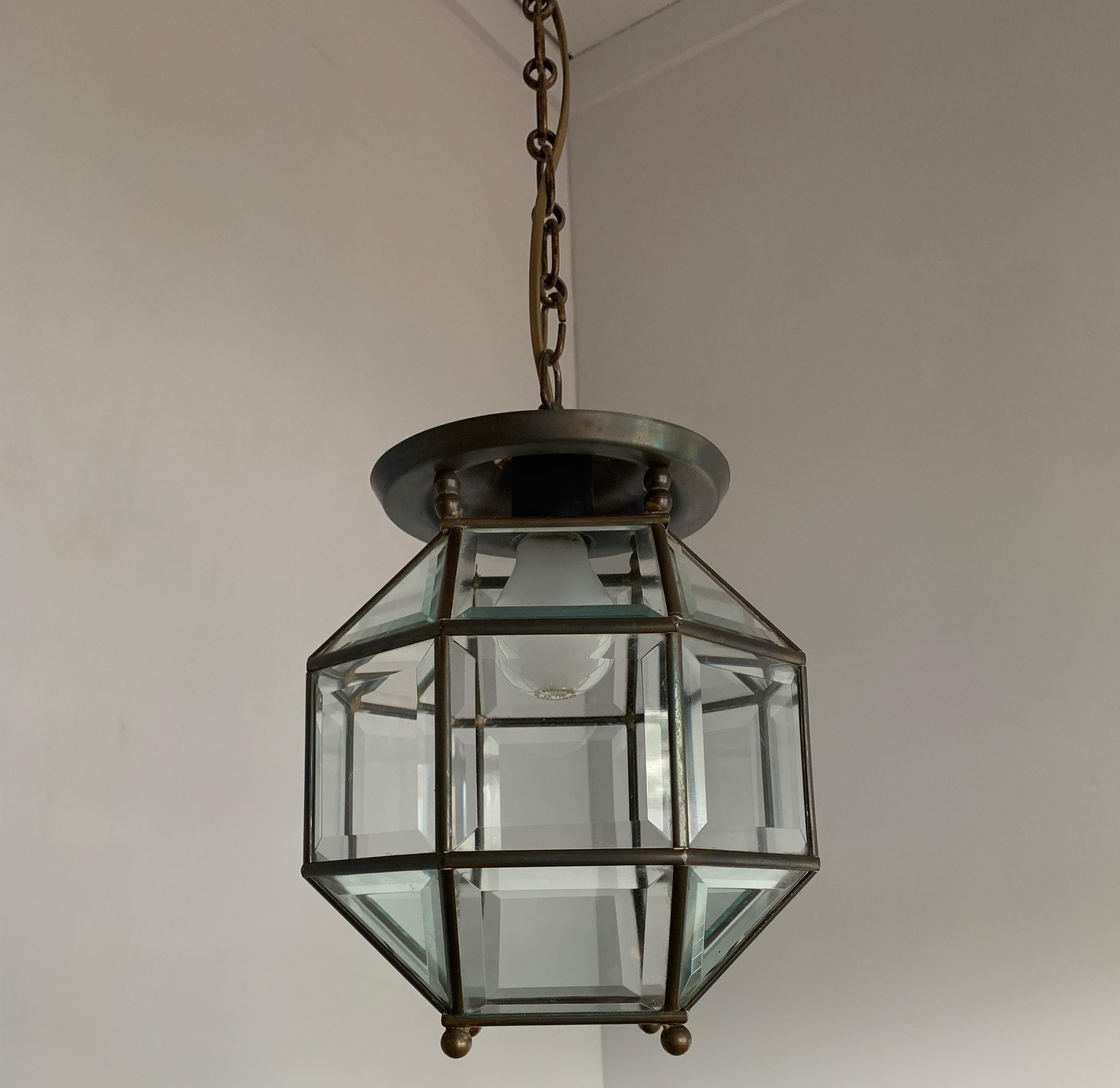 Early 1900s Bevelled Glass & Brass Pendant Cubic Ceiling Light  Adolf Loos Style 10