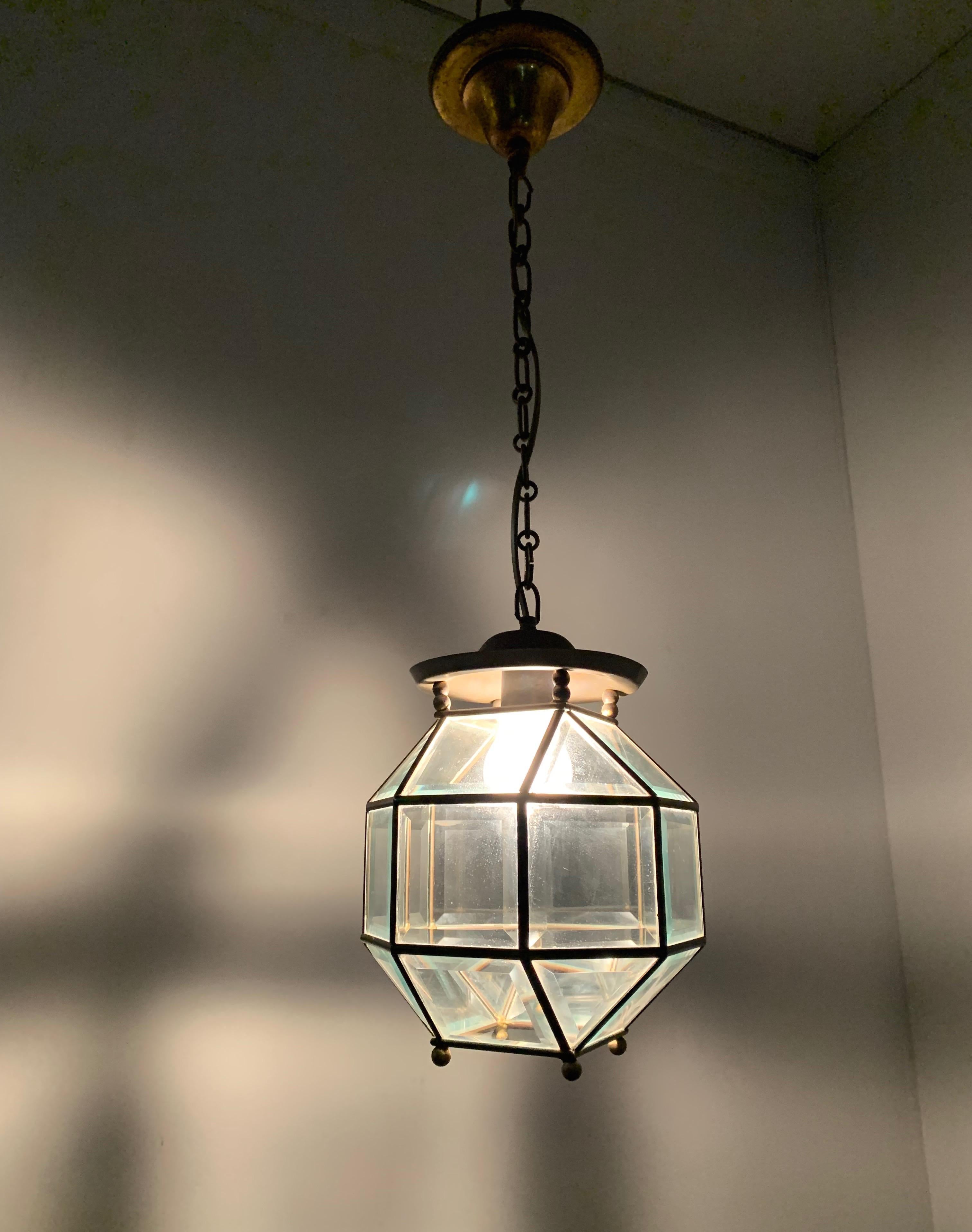 Arts and Crafts Early 1900s Bevelled Glass & Brass Pendant Cubic Ceiling Light  Adolf Loos Style