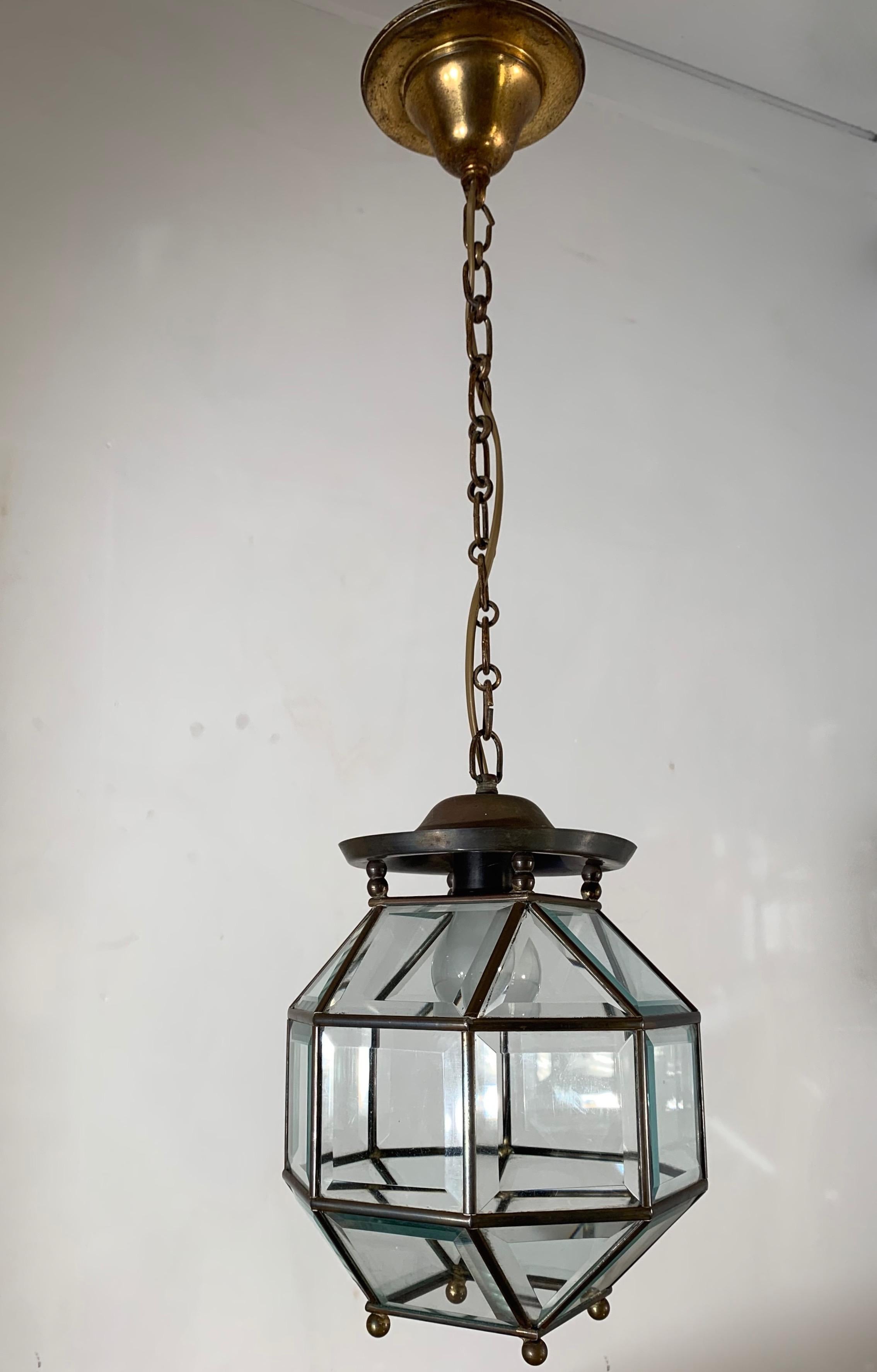 European Early 1900s Bevelled Glass & Brass Pendant Cubic Ceiling Light  Adolf Loos Style