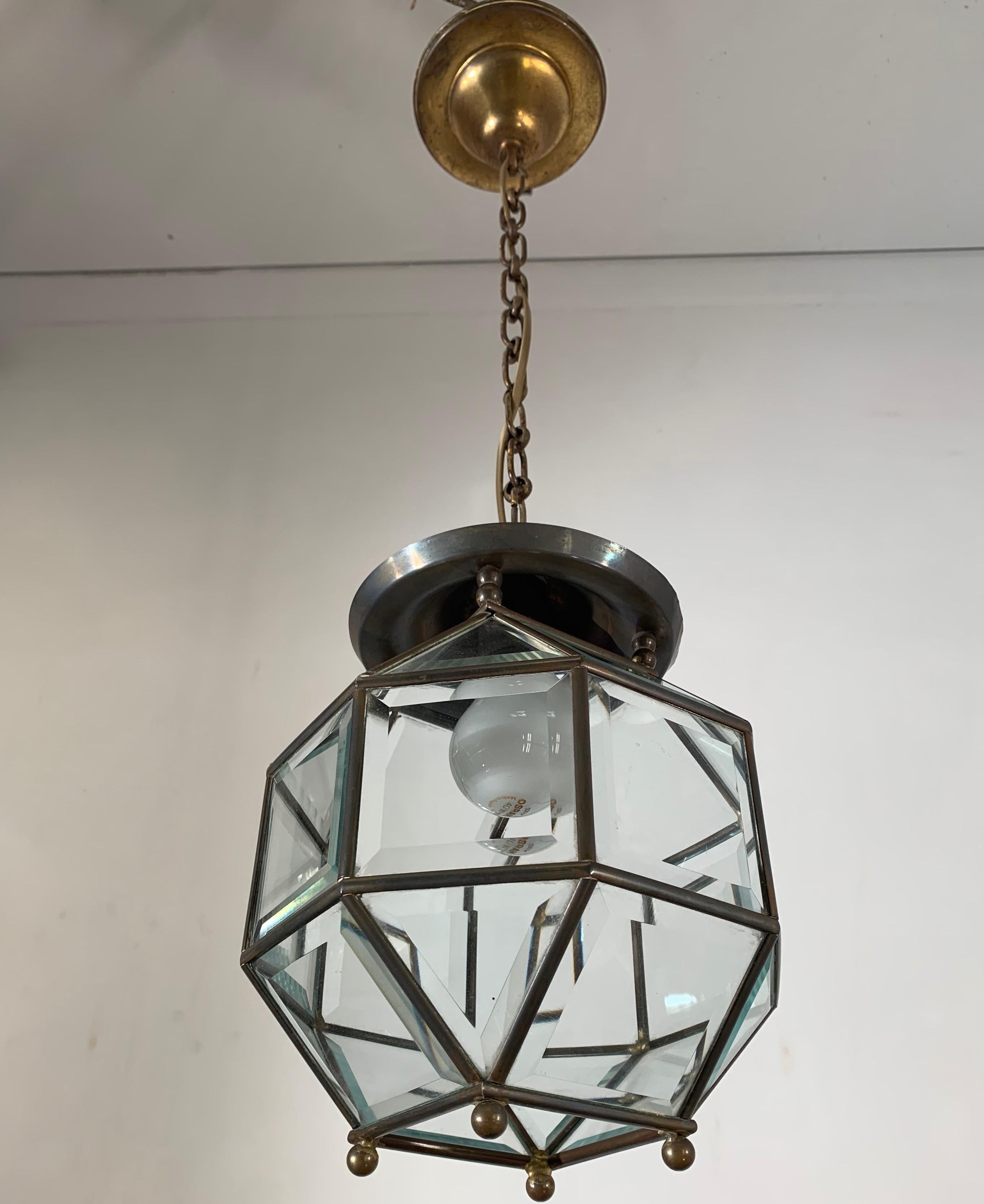 20th Century Early 1900s Bevelled Glass & Brass Pendant Cubic Ceiling Light  Adolf Loos Style