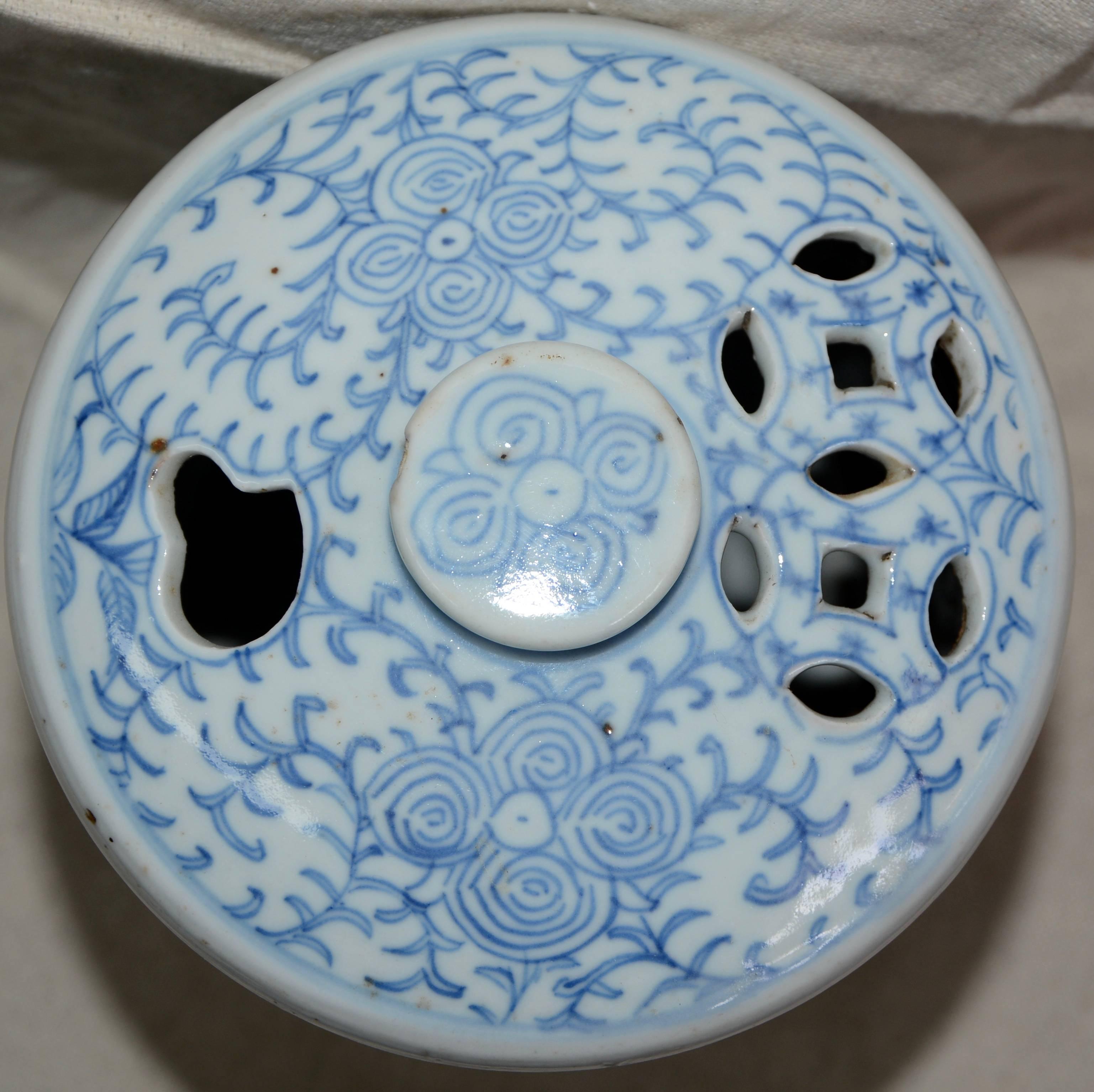 Porcelain Blue and White Asian Pierced Ceramic Incense Burner, 20th Century For Sale