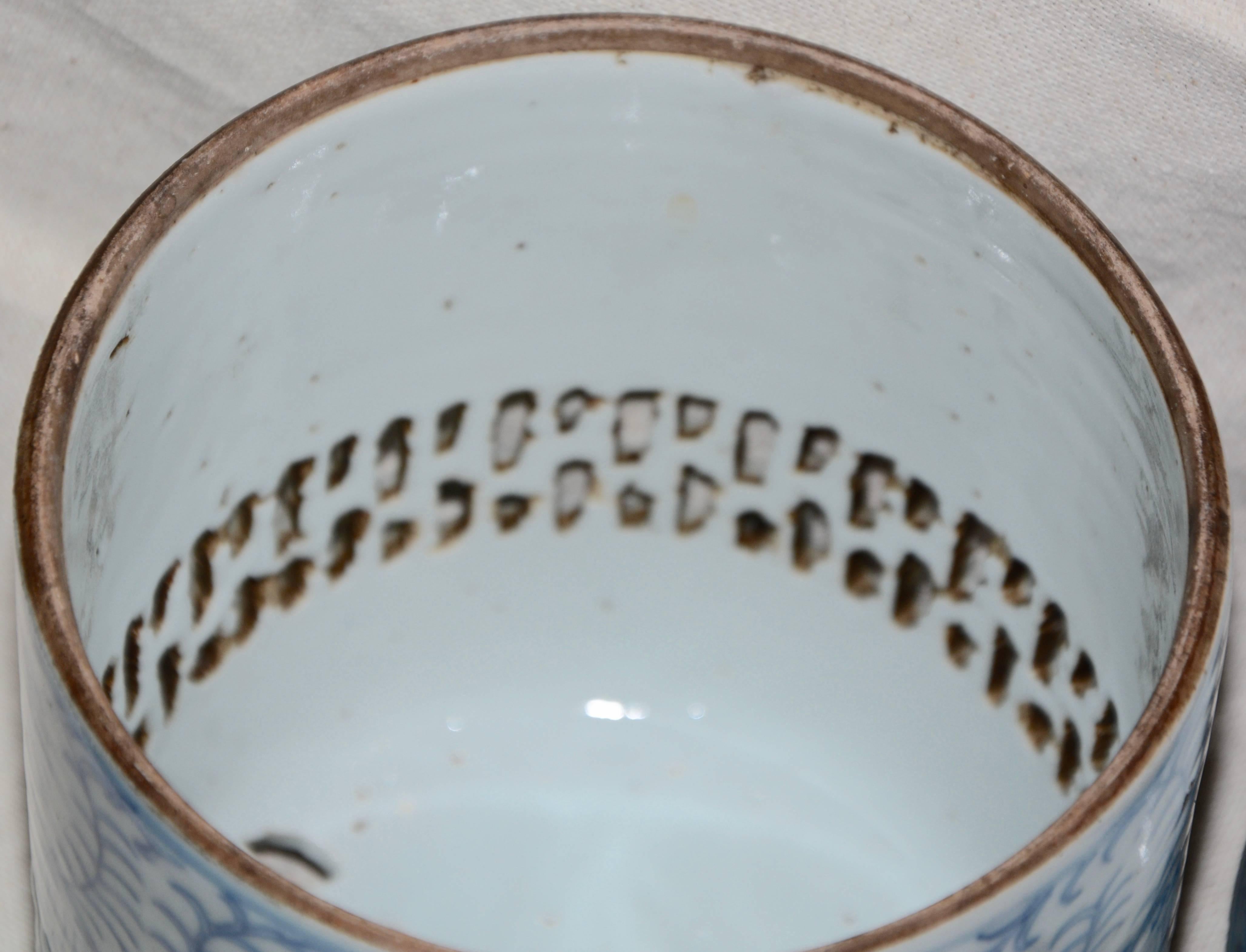 Blue and White Asian Pierced Ceramic Incense Burner, 20th Century For Sale 4