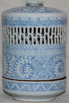 Blue and White Asian Pierced Ceramic Incense Burner, 20th Century
