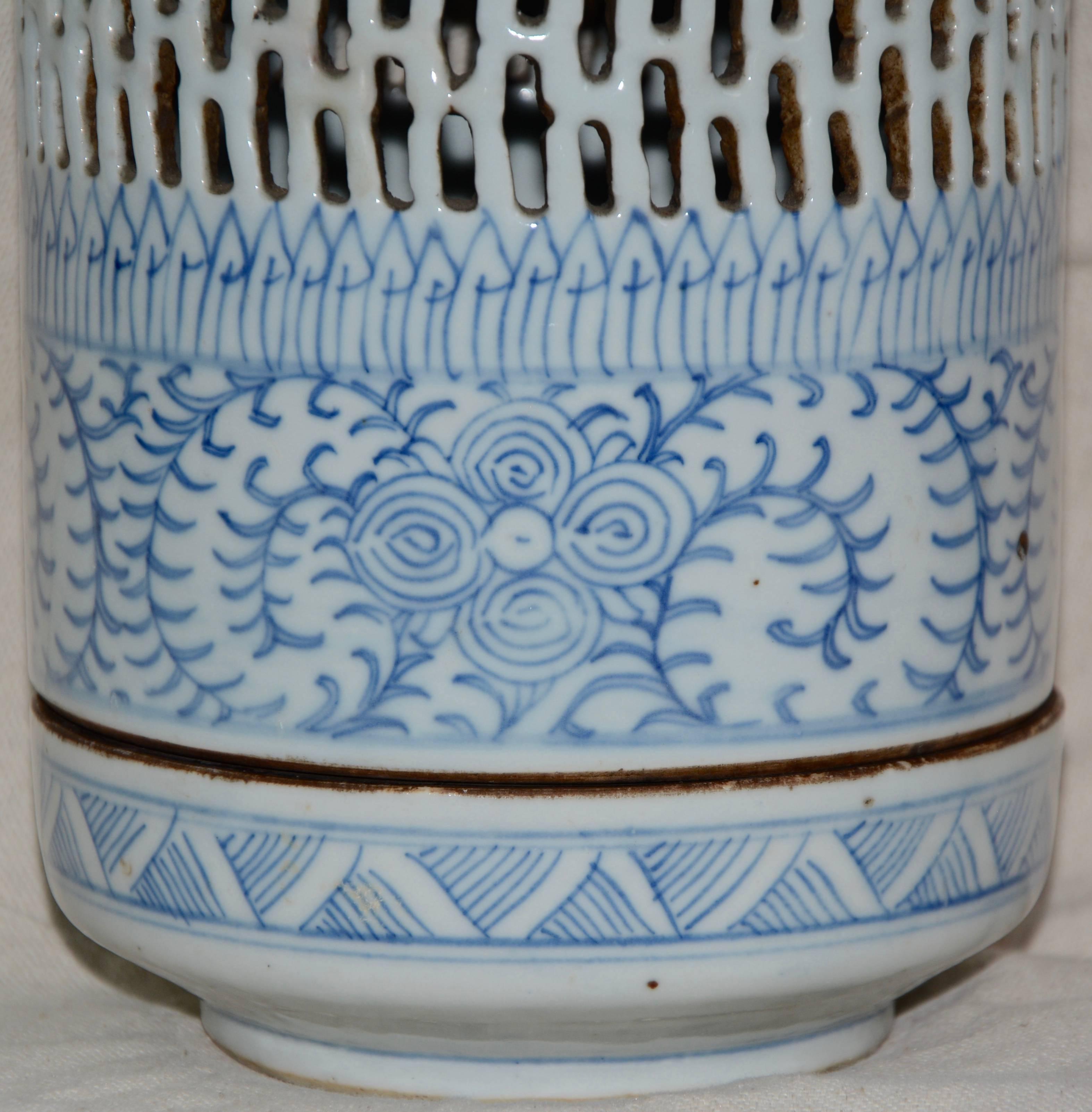 Chinese Export Blue and White Asian Pierced Ceramic Incense Burner, 20th Century For Sale