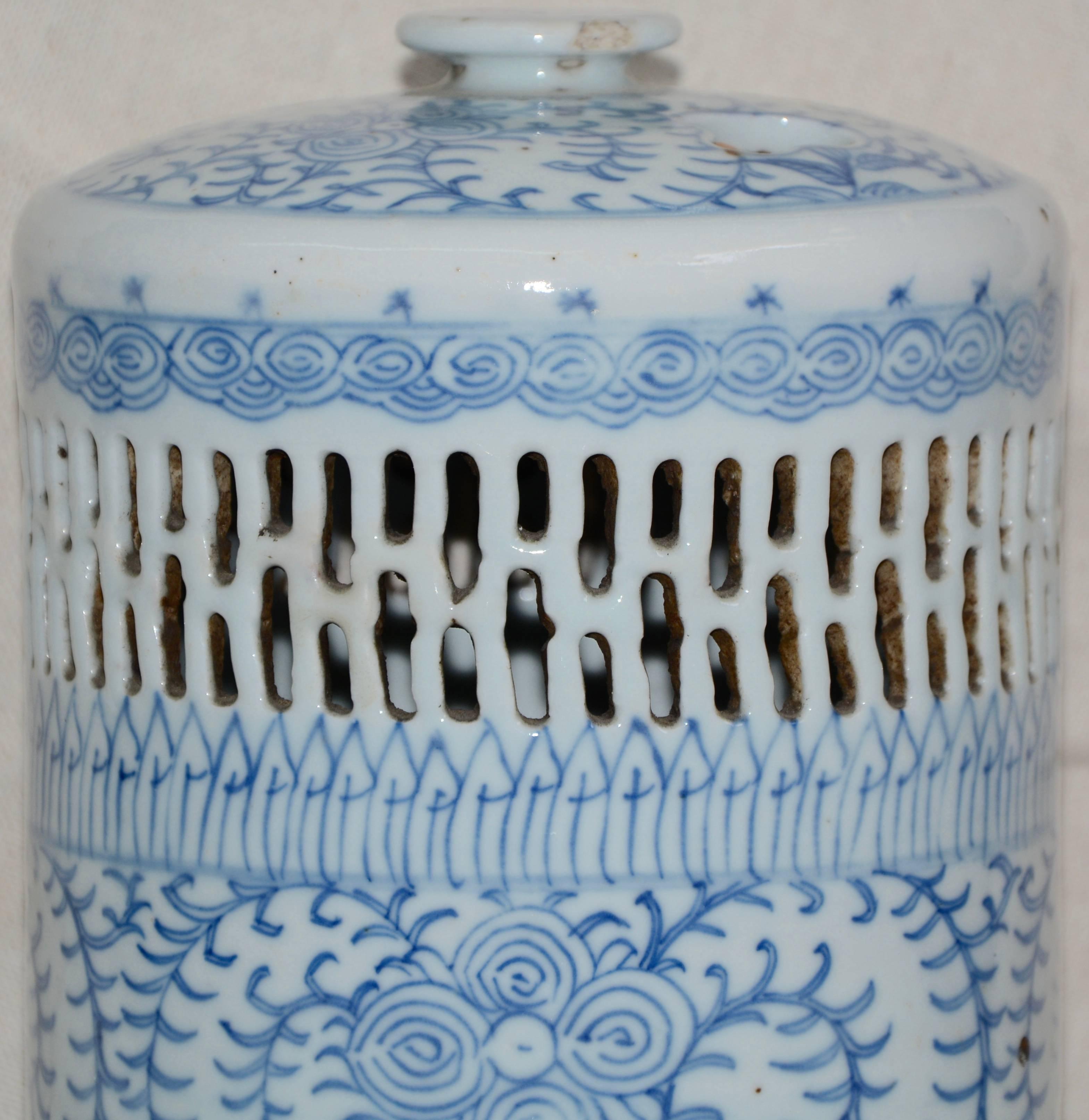 Chinese Blue and White Asian Pierced Ceramic Incense Burner, 20th Century For Sale
