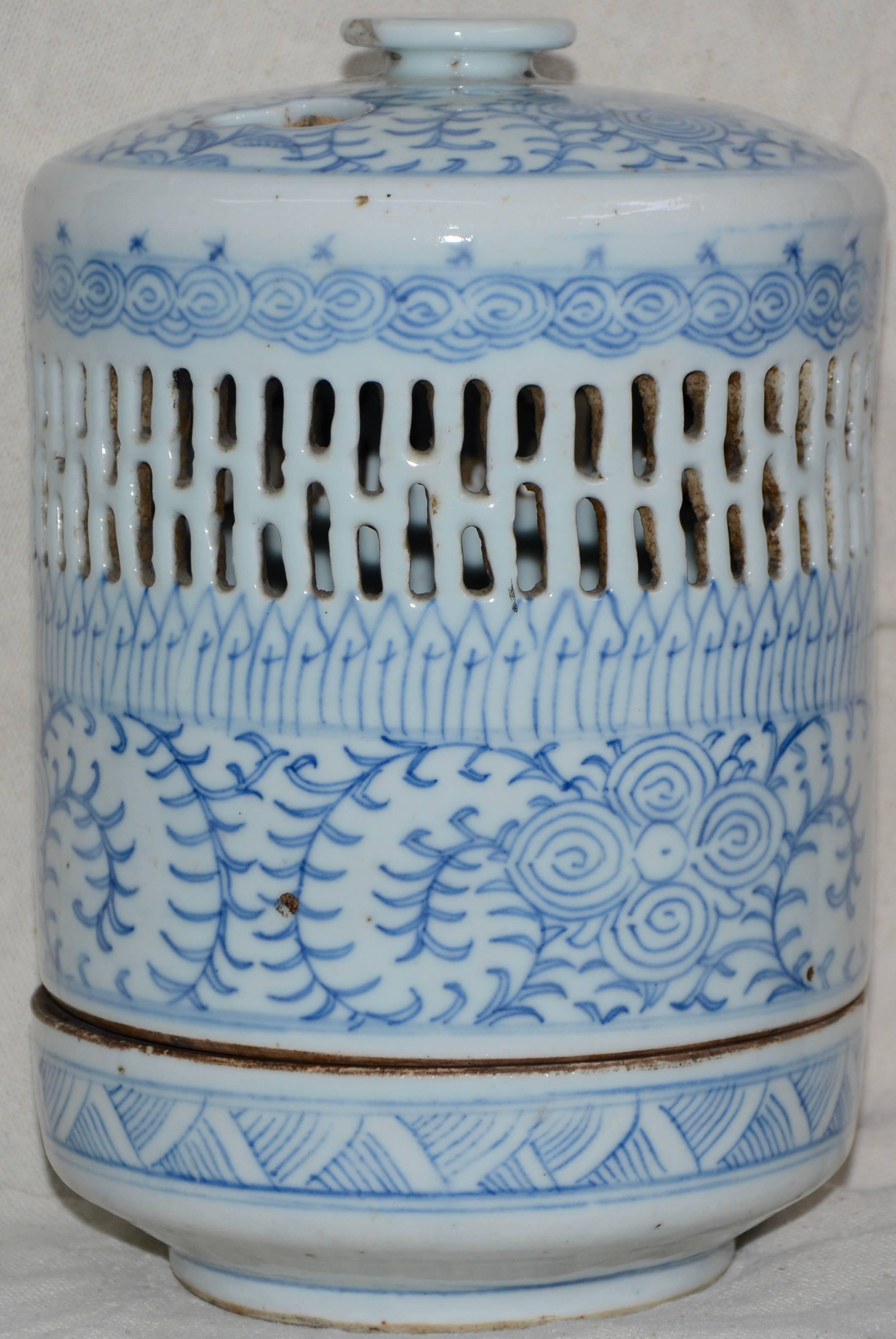 Hand-Painted Blue and White Asian Pierced Ceramic Incense Burner, 20th Century For Sale