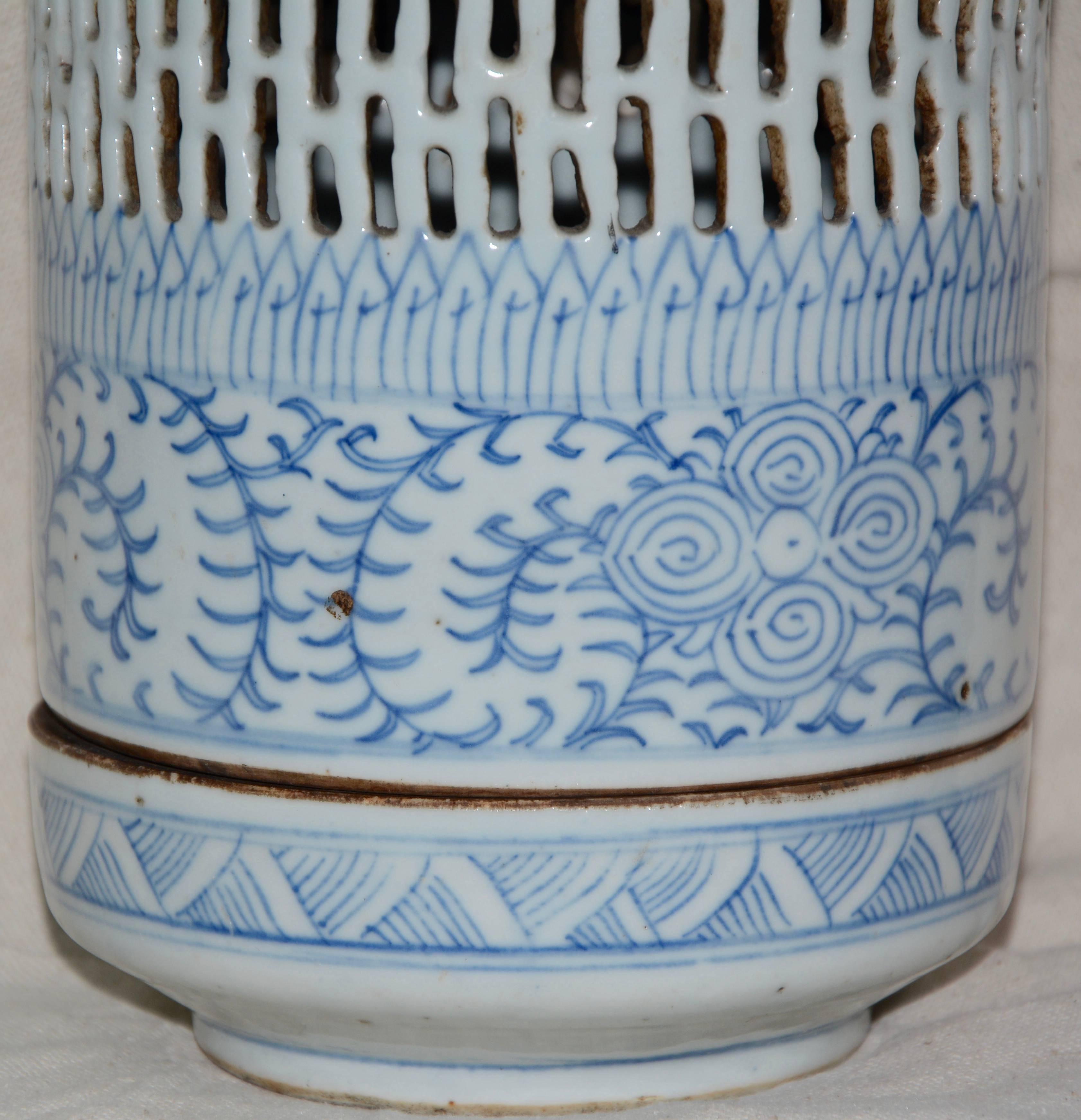 Blue and White Asian Pierced Ceramic Incense Burner, 20th Century In Fair Condition For Sale In Cookeville, TN