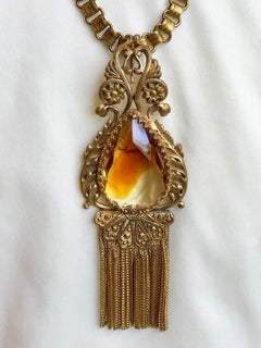 Early 1900s Book Chain and Topaz Faceted Glass Pendant/Brooch Necklace